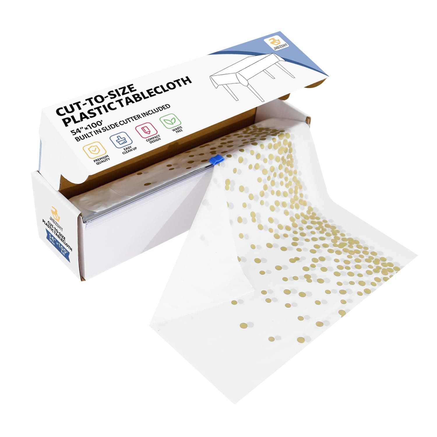 54 Inch X 100 Feet Plastic Table Cover Roll Disposable Tablecloth with Slide Cutter for All Type/Shape Tables | Picnic, Party, Banquet, Birthdays, Weddings (White & Gold Dot)