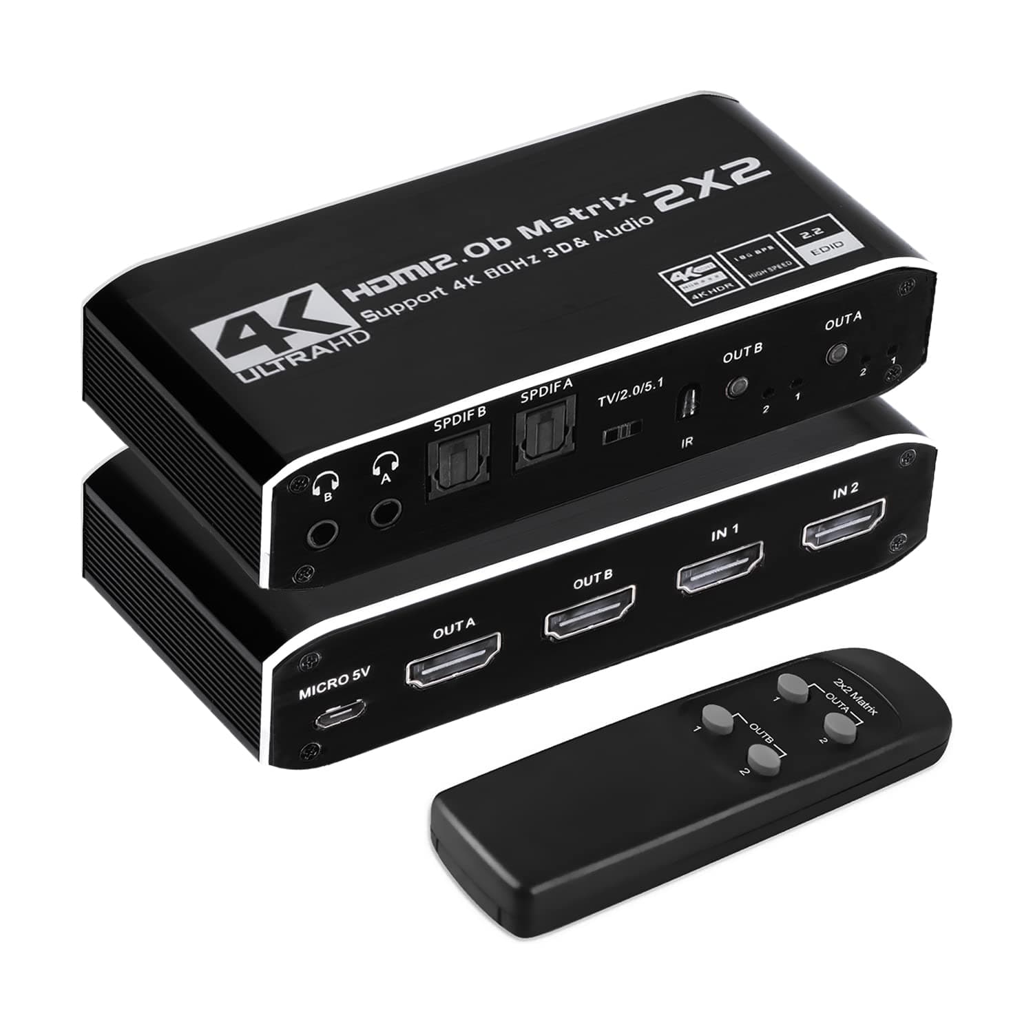 HDMI Matrix 2x2, 4K@60Hz HDMI Matrix Switch 2 in 2 Out with IR Remote Control, Support HDMI 2.0b, HDCP 2.2, HDR, Ultra HD, 3D