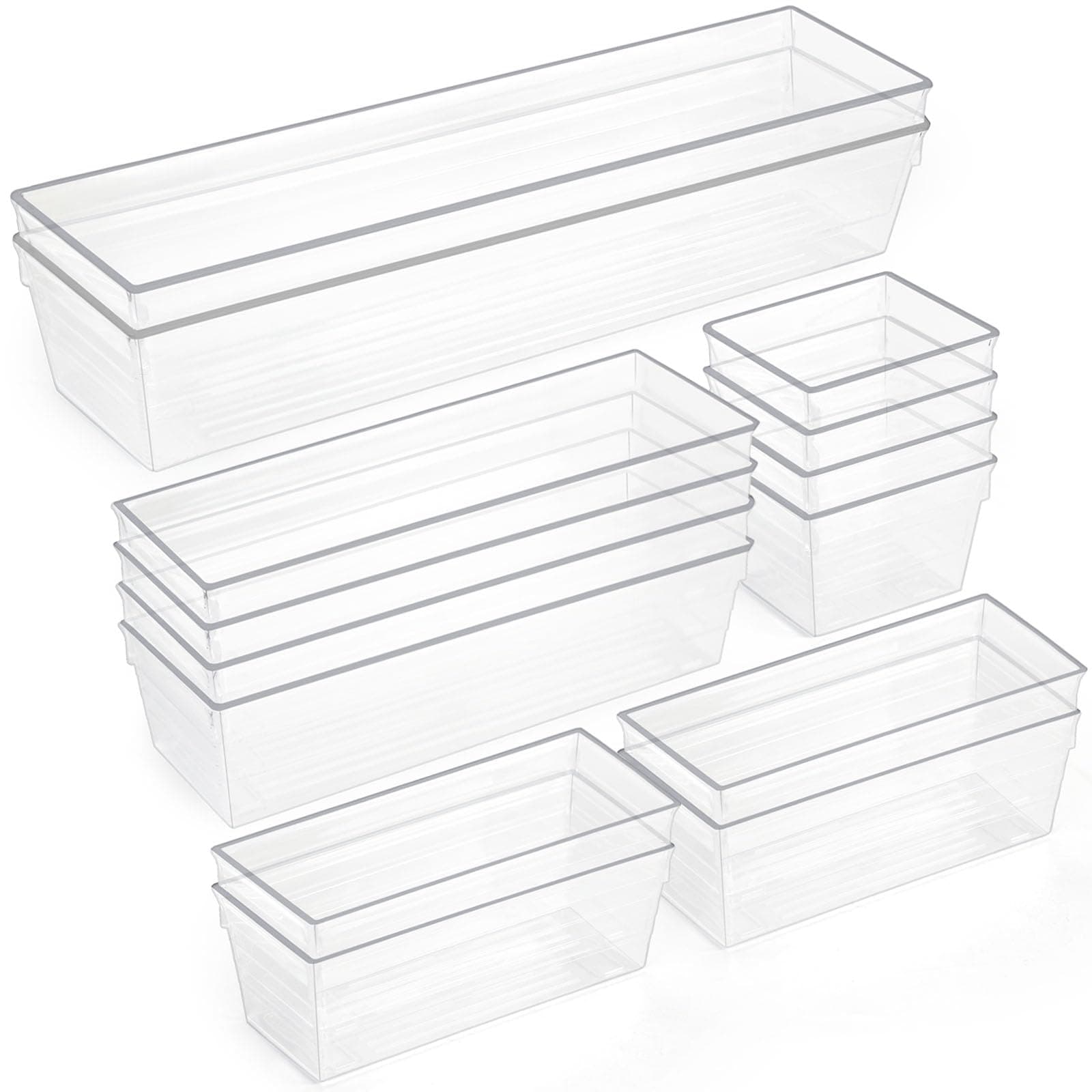 SKY-TOUCH 14PCS Drawer Organiser Trays,4 Size Clear Plastic Desk Storage Boxes,Makeup Organizer Trays,for Bathroom ,Vanity, Storage Bins ,Makeup, Bedroom, Kitchen Cupboard, Gadgets & Utensils