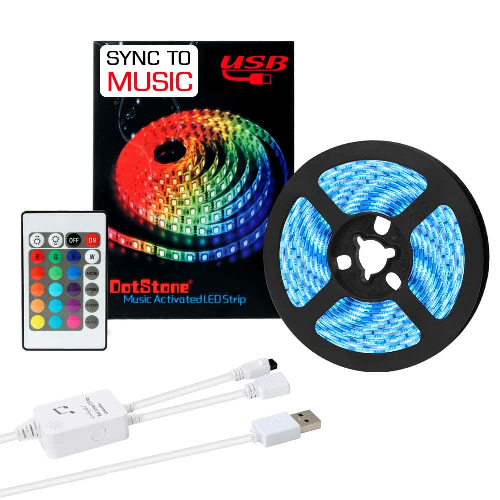 Music LED Strip Lights 6.6FT/2M 5V USB Powered Light Strip 5050 RGB Light Color Changing with Music IP65 Waterproof LED String Lights Kit with IR Controller by DotStone