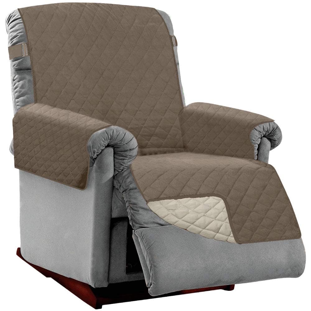 Sofa Shield Original Patent Pending Reversible Large Recliner Protector, Seat Width to 28 Inch, Furniture Slipcover, 2 Inch Strap, Reclining Chair Slip Cover Throw for Pets, Recliner, Latte Linen