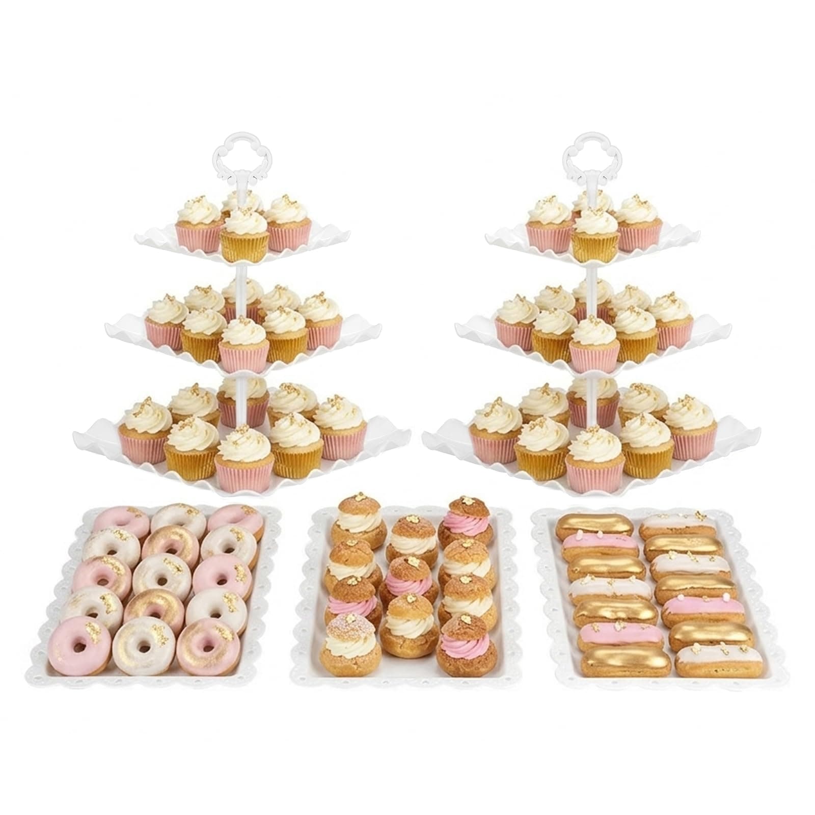 NWK 5 Piece Cake Stand Set with 2 x Large 3-Tier Cupcake Stands, 3 x Appetizer Trays, for Wedding Birthday Baby Shower Tea Party Decorations (White)