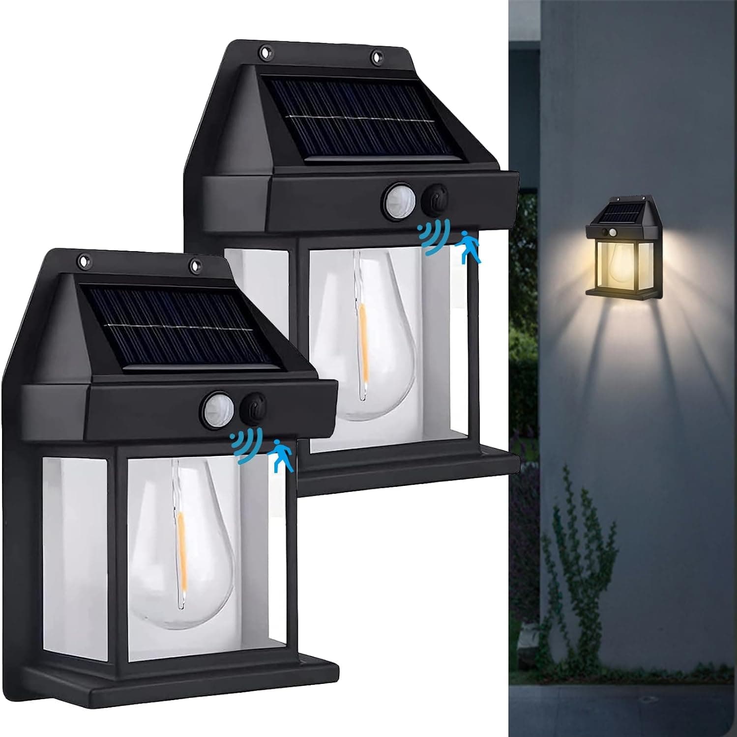GIGAWATTS Solar Wall Lights Outdoor with Motion Sensor Auto Chargeable Dusk to Dawn Exterior LED Sconce Wireless Front Porch Lamps for Patio Garden Camping Light Wall Mount (Pack of 2, Warm Yellow)