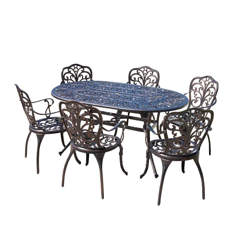 Trueshopping Cast Aluminium Rectangle Dining Table Set with 6 Armchairs Weatherproof Metal Outdoor Patio Garden Furniture Set