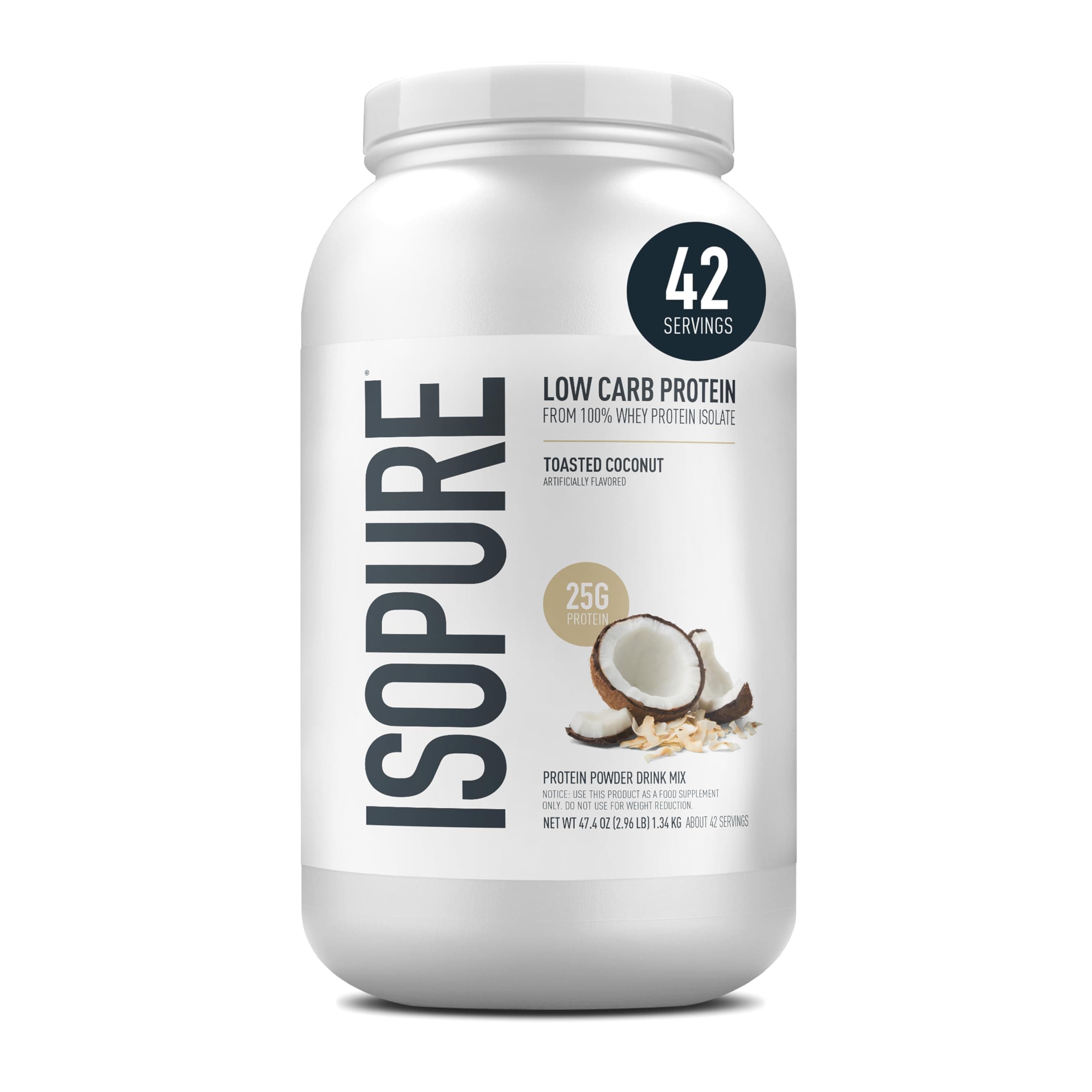 Isopure Low Carb 100% Pure Whey Isolate Protein Powder, Gluten Free, With Vitamins, Toasted Coconut, 25g Protein Per Serving, 3 Lbs, 42 Servings (Packaging May Vary)
