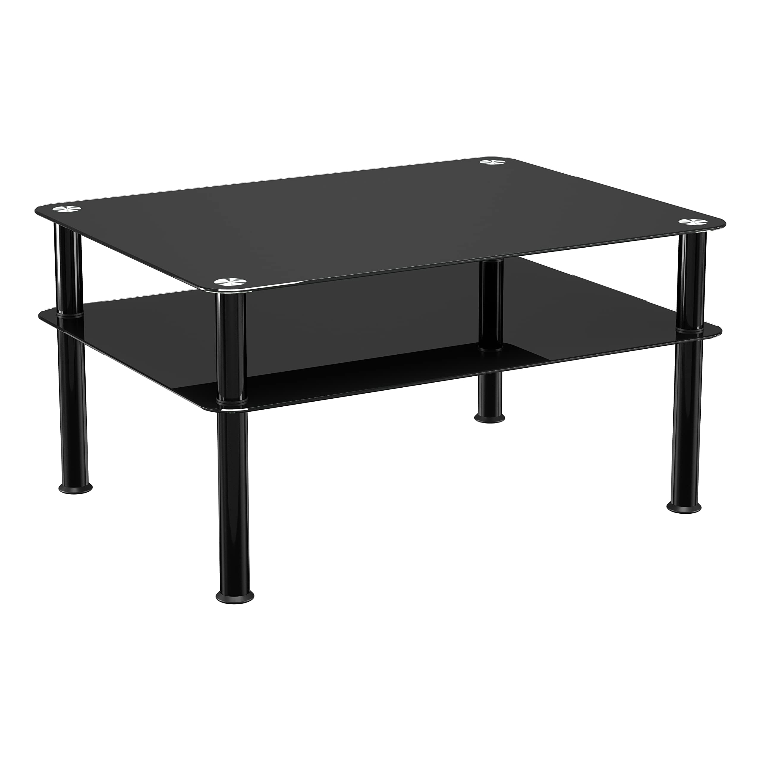 mahara Black Glass Coffee Table - Large side table with shelf and black aluminium legs - W80cm x D60cm x H41.5cm