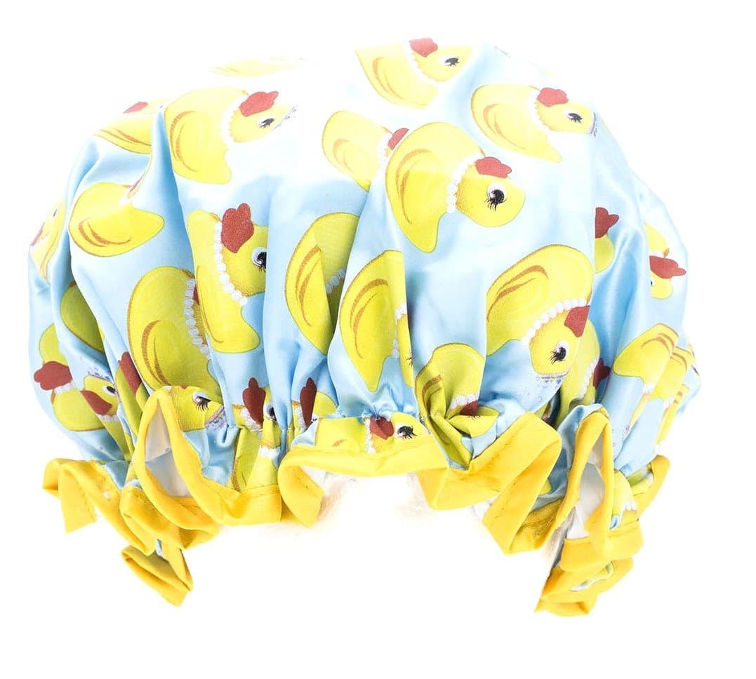 Womens Waterproof Shower Cap with Rubber Ducks, Blue