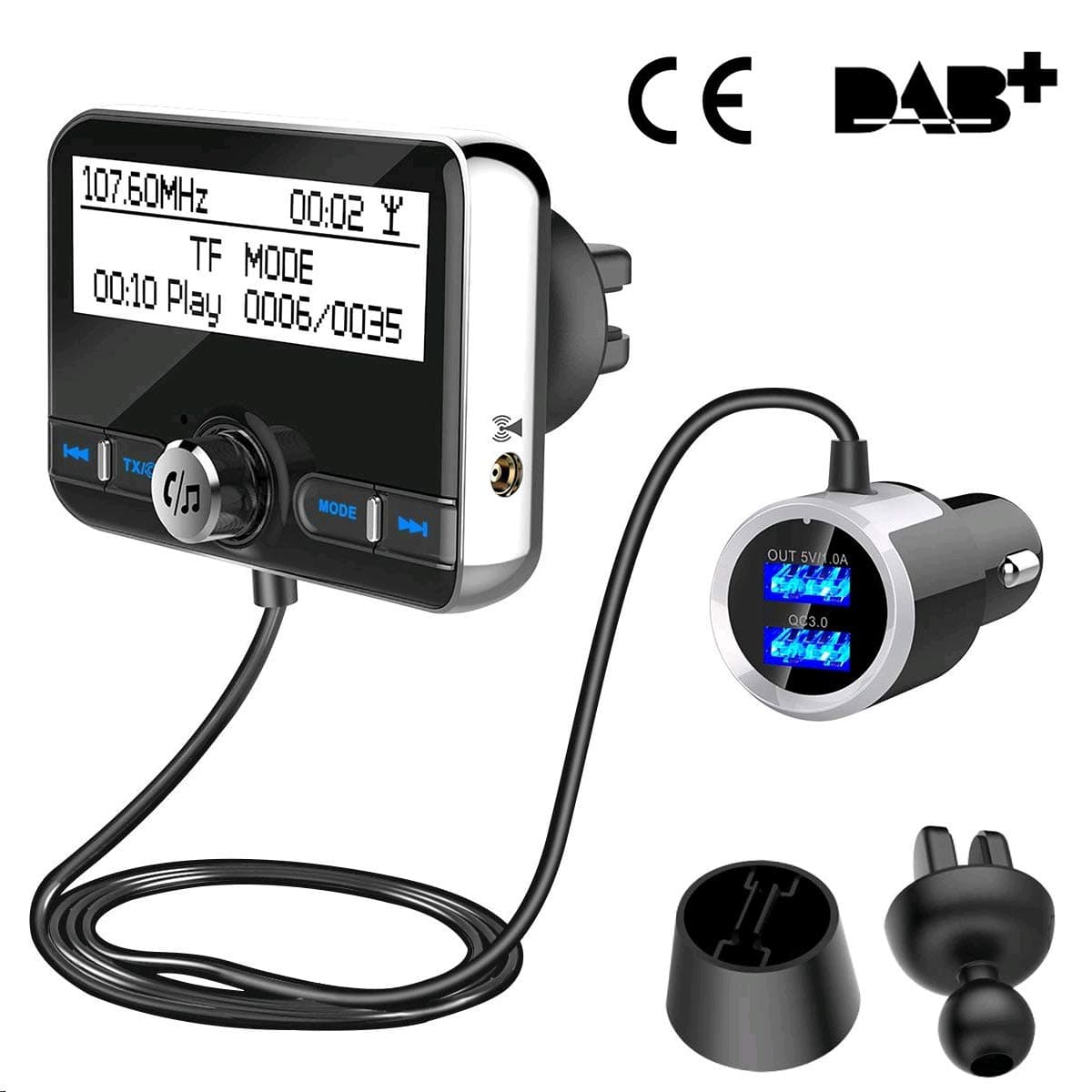 DAB+ Car Charger Bluetooth V4.2+EDR FM Transmitter, Wonsidary LCD Screen DAB Radio Bluetooth Receiver with Bluetooth Handsfree and Dual USB QC3.0 Car Charger, 3M Antenna, 3.5mm Aux Output