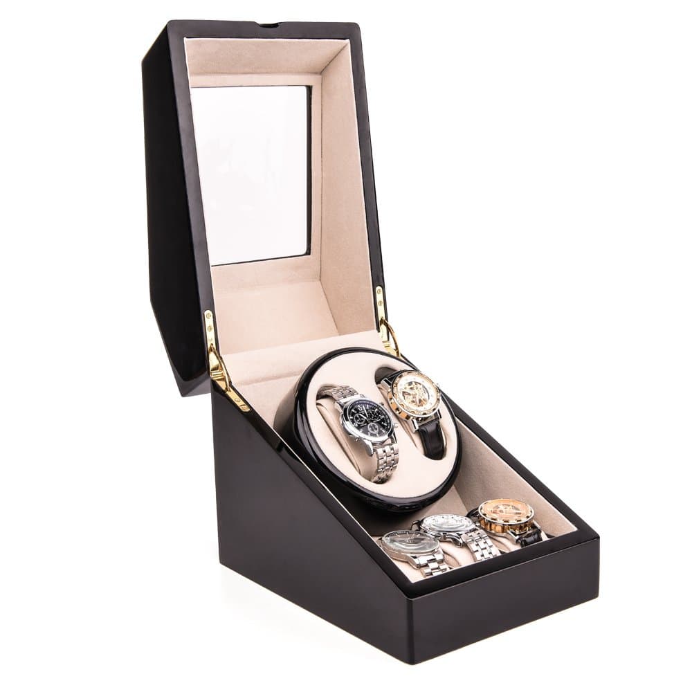 HEZALA Automatic Double Watch Winder with Quiet Mabuchi Motor for Men, 2+3 Watches Storage Box Case for Rolex, Wood Shell Piano Paint Exterior, Soft and Flexible Watch Pillows (Black Piano Paint)