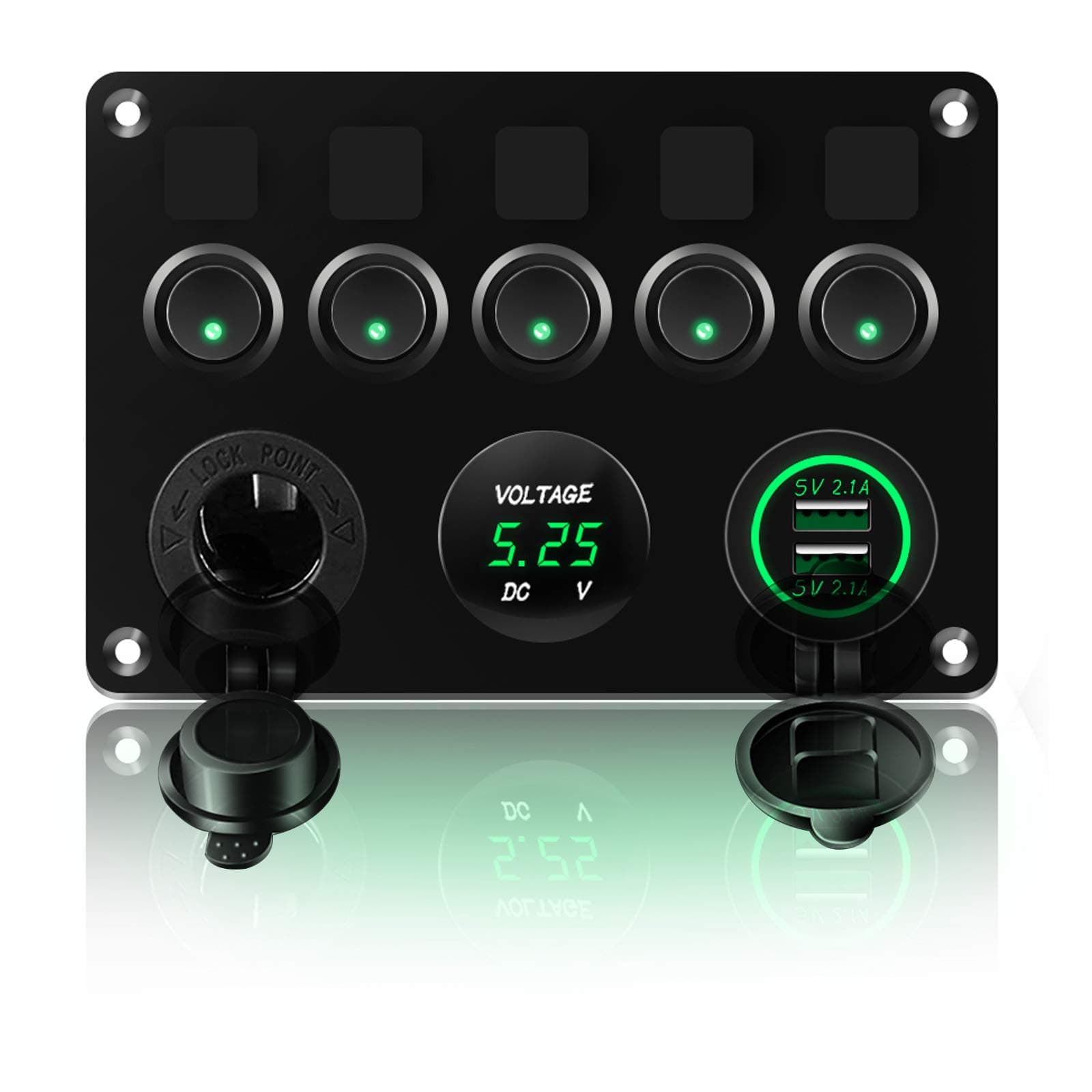 KAOLALI 12V/24V Toggle Switch Panel, Dual USB Charger Port 4.2A, Lighter Socket, Digital Voltmeter Display, Car Rocker Switches IP65 Waterproof 5 Gang Switch Panel for Car Boat RV Truck Yacht(Green)