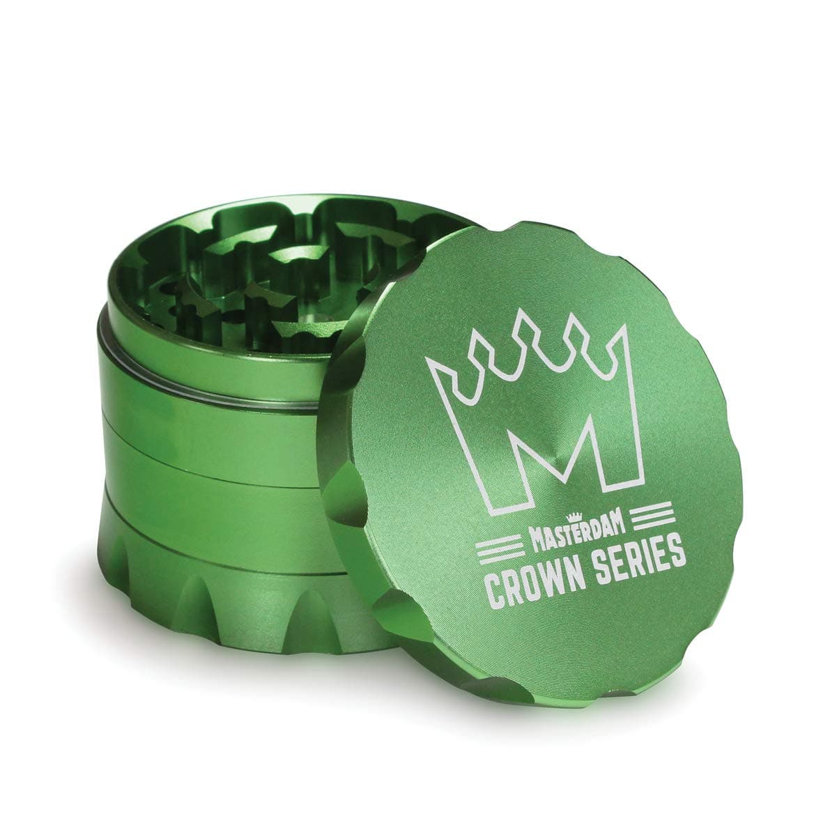 Masterdam Grinders Crown Series Premium Standard 2.2 Inch Herb Grinder with Micron Screen - 4 Part Matte Green Anodized Aluminium