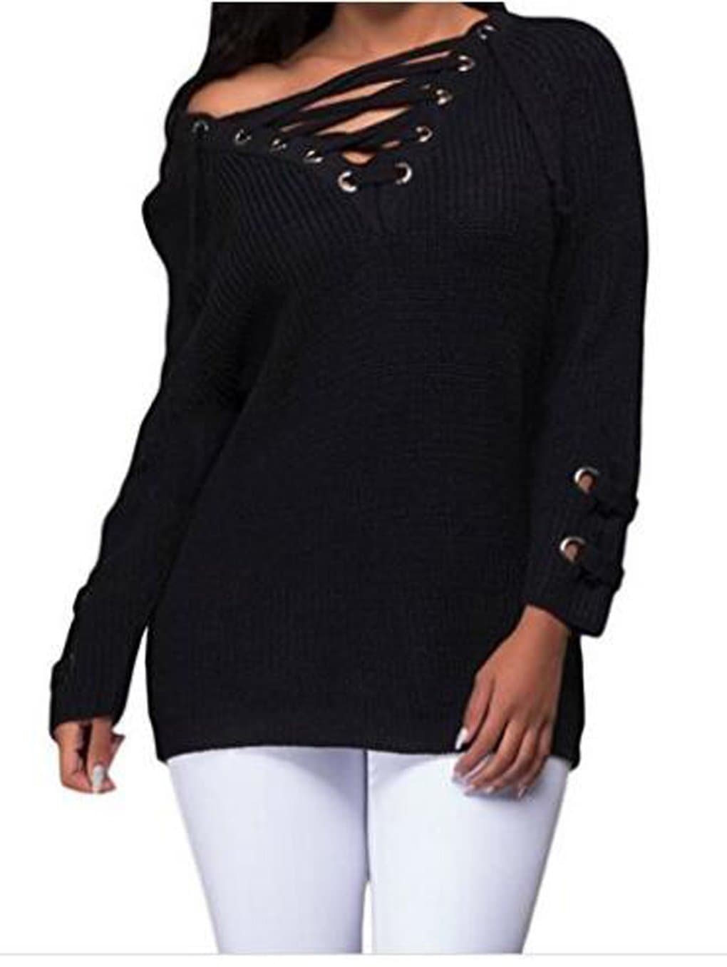 Women's Long Sleeve Cozy Lace Up Weave Knit Sweater Pullover Tops