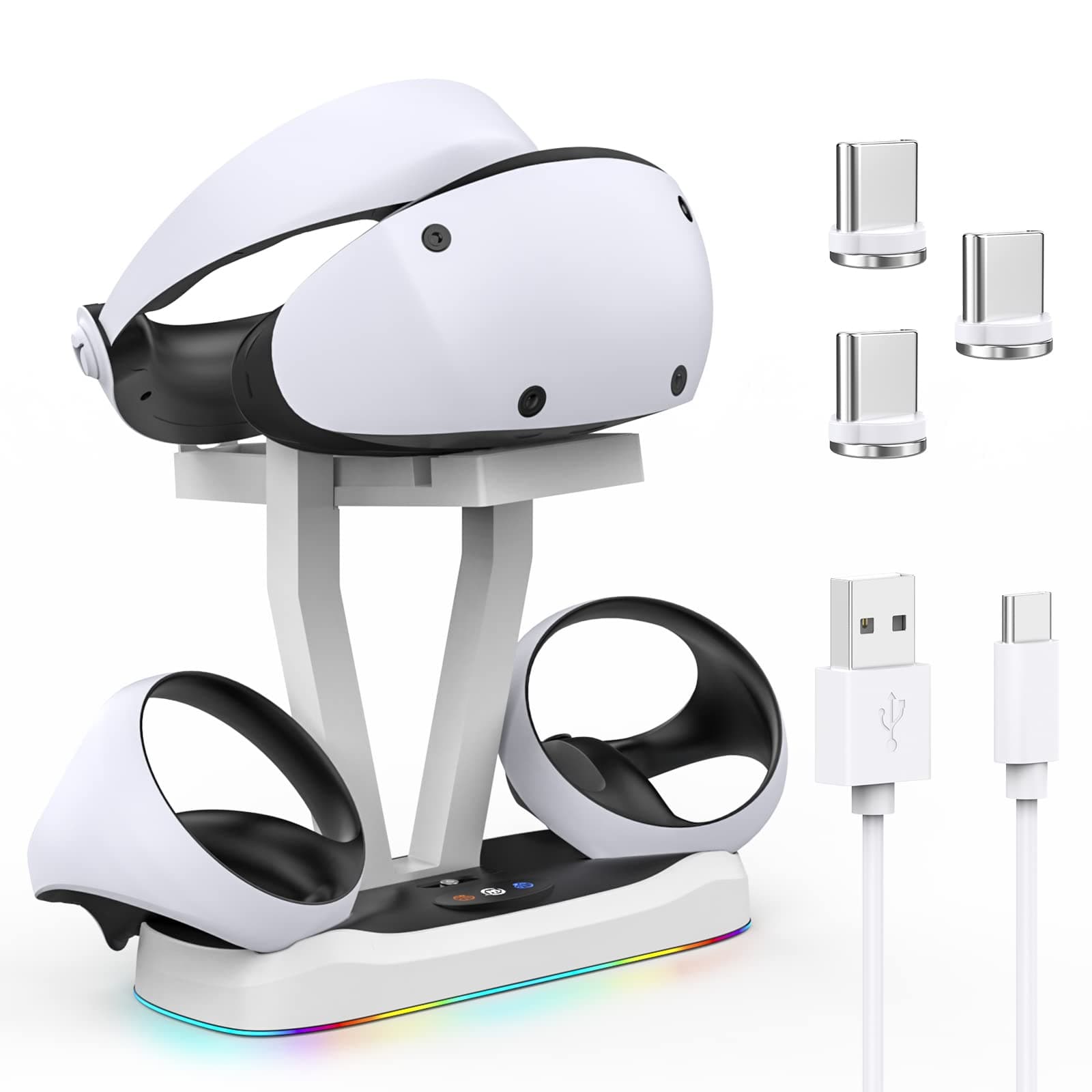 FASTSNAIL Controller Charging Station for PSVR2,Dual Fast Charging Dock with PS VR2 Headset Holder Stand,Controller Charger for Playstation VR2 Accessories with RGB Light,3 Magnetic head,Type-C Cable