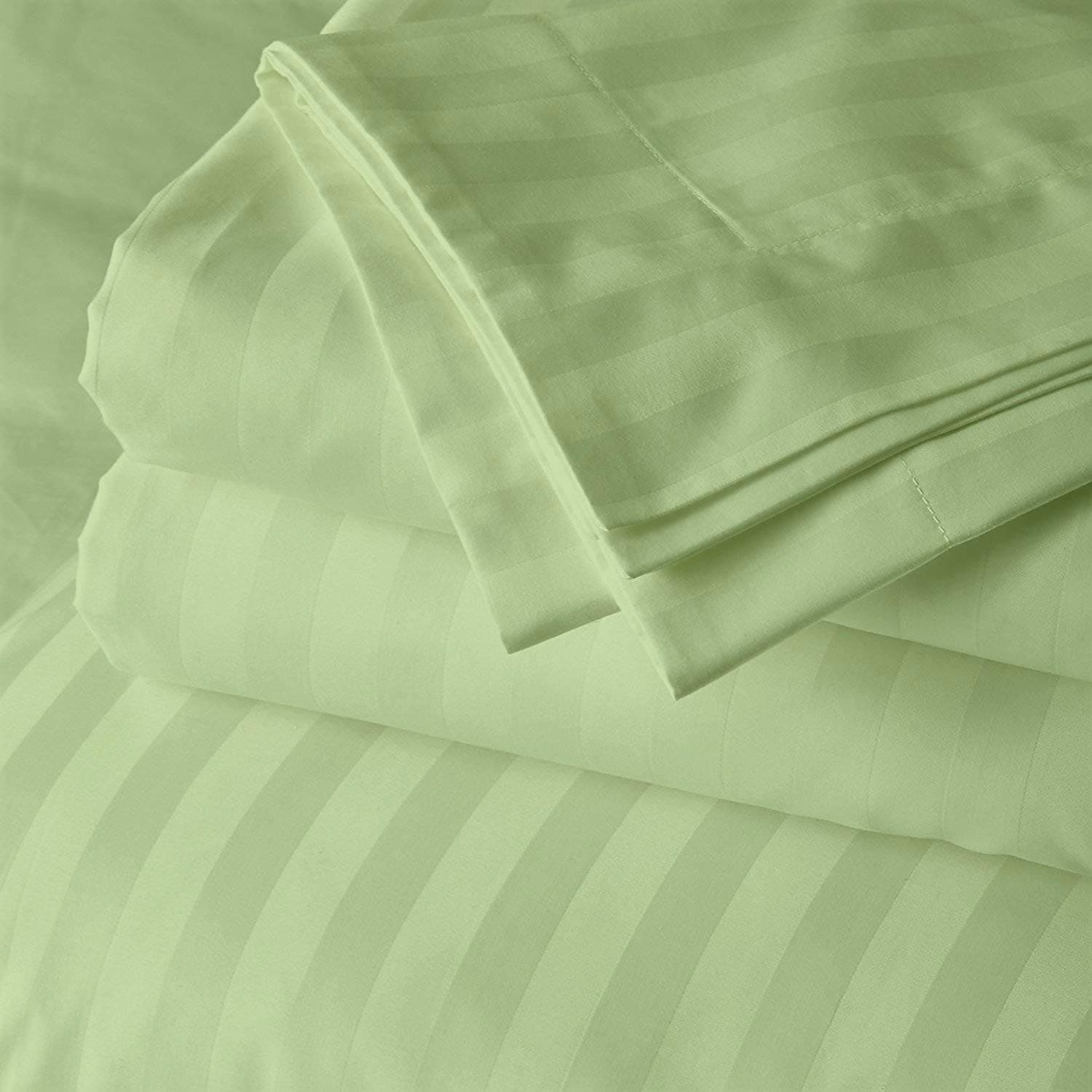 SATEEN BEDDING STORE 100% Egyptian Cotton, 600 Threads Counts-1 Pc Zipper Closure Duvet Cover/Rajai Cover/Blanket Cover & 2 Pillow Cover Silky & Breatheable-Sage Stripe, Double Size.