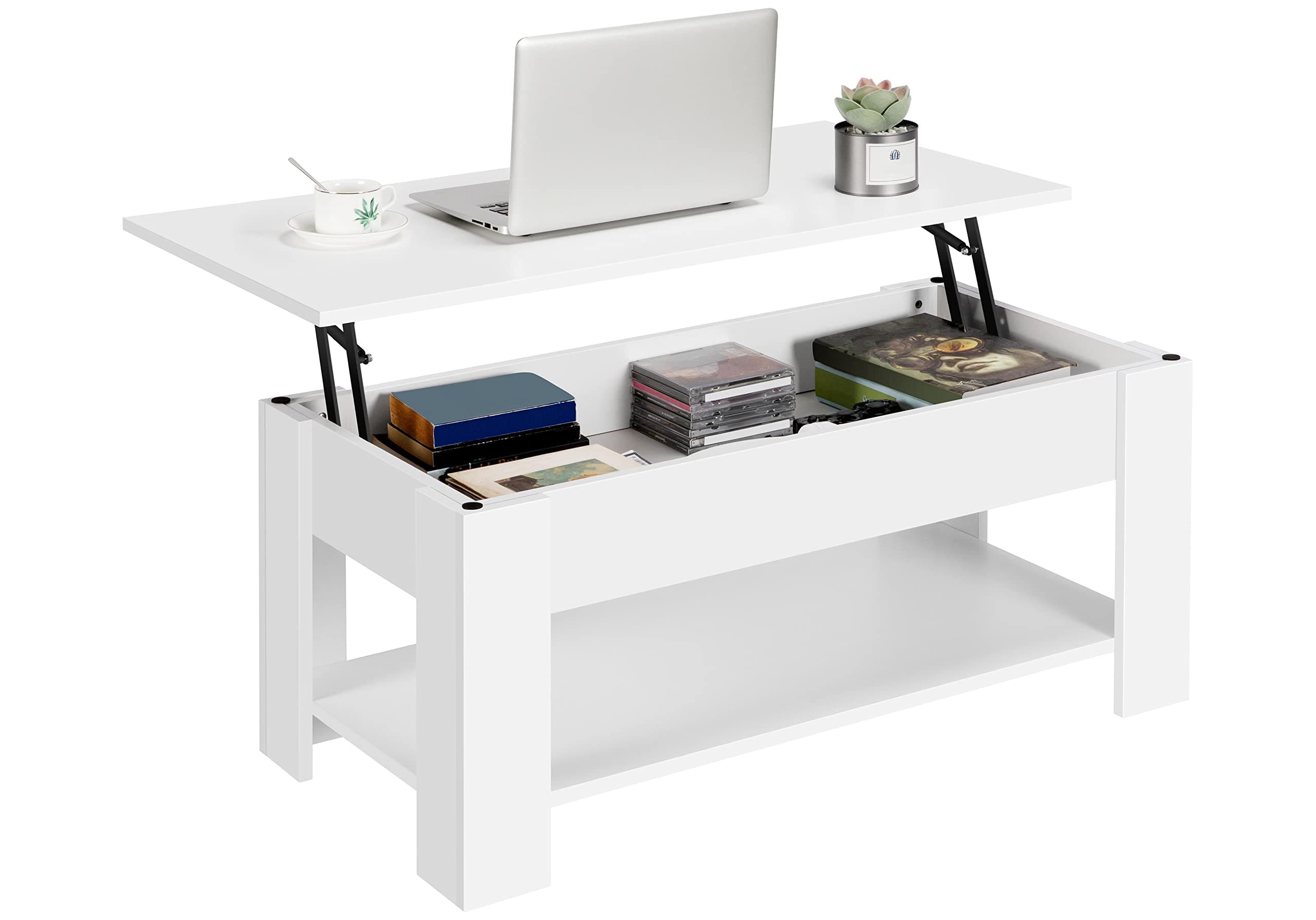Yaheetech Lift Up Coffee Table, Wooden Lifting Coffee Table with Hidden Storage Drawer and Open Shelf, Space-saving Tea Tables for Living Room/Reception, White, 98x50x(42-56) cm