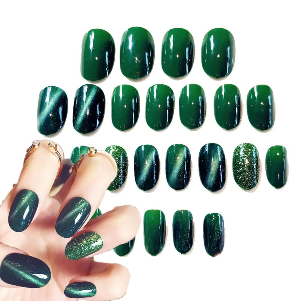 Cat Eye Short Oval Fake Nails Tips Kit Chrome Bright UV Gel Nail Art Salon Full Cover Acrylic False Nails - 24Pcs Artificial Manicure Set(01)