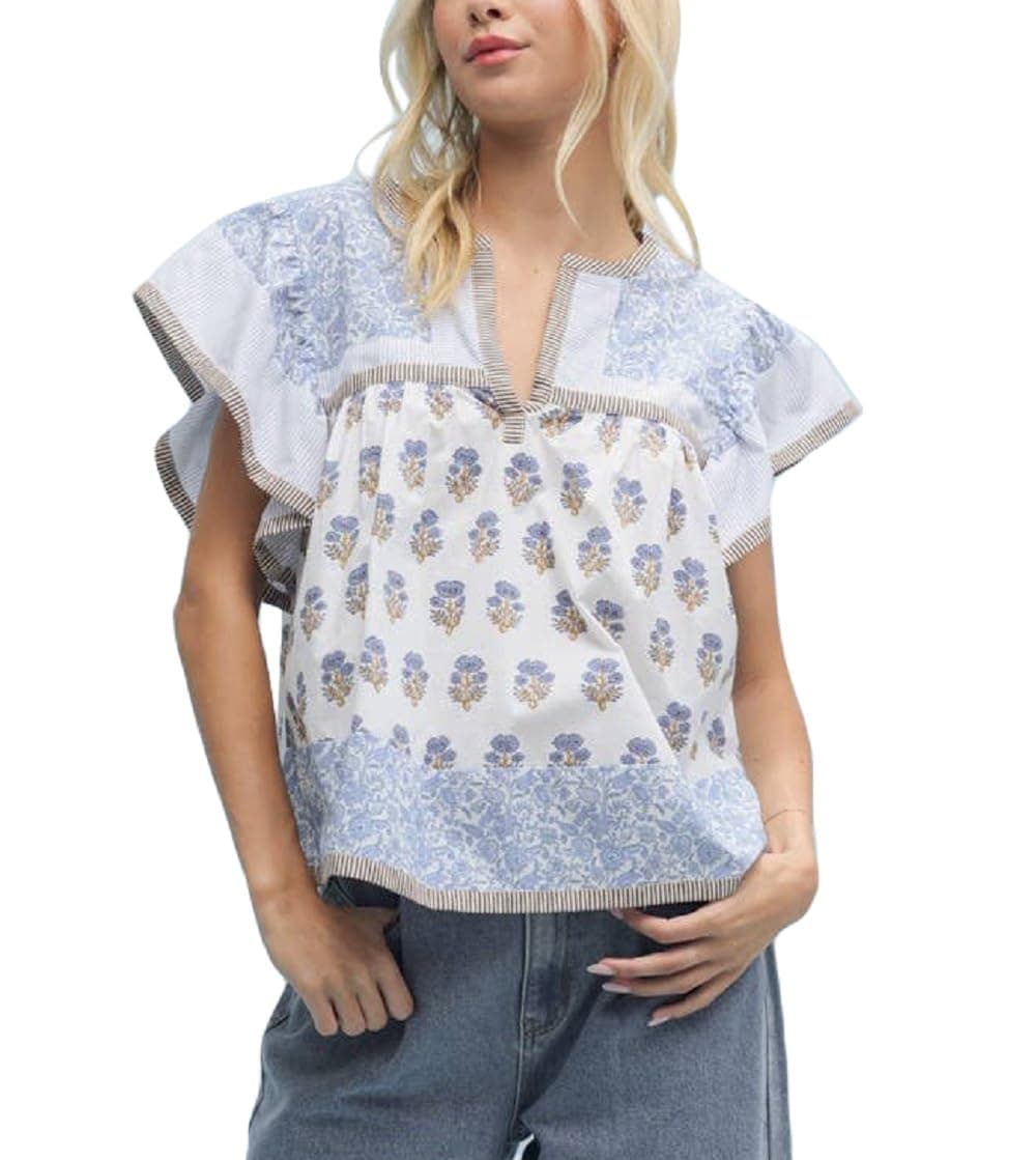 Women Floral Patchwork Short Sleeve Shirt Boho Flutter Sleeve V Neck Peplum Blouse Tops Summer Y2k Babydoll Tank Top