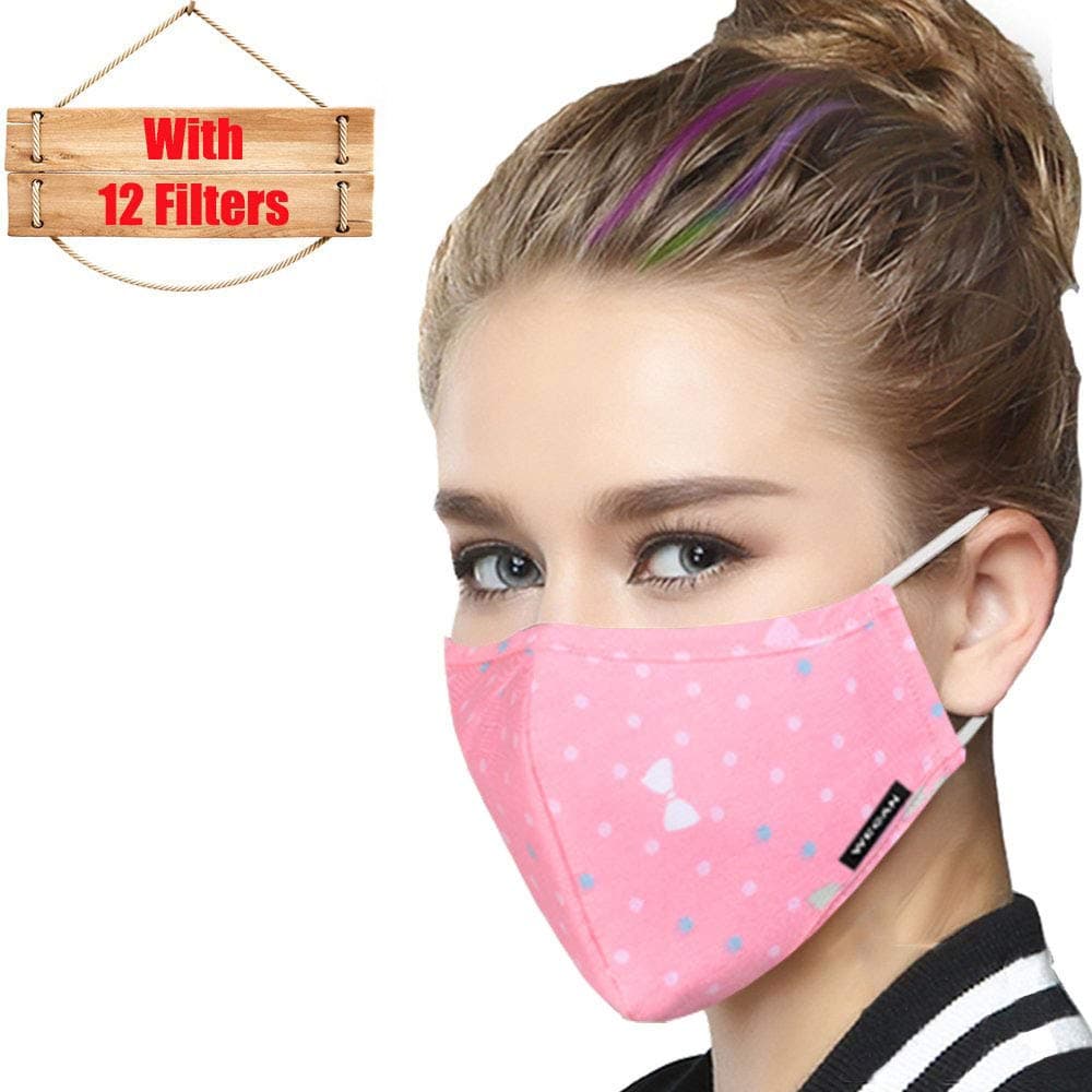 Mask Washable Reusable Cotton Mouth Masks Replaceable Filter (One Mask + 12 Filters) 4 Layer Activated Carbon Filter Insert Dust Mask Pollen Allergy, PM2.5, Running, Cycling, Outdoor Activities
