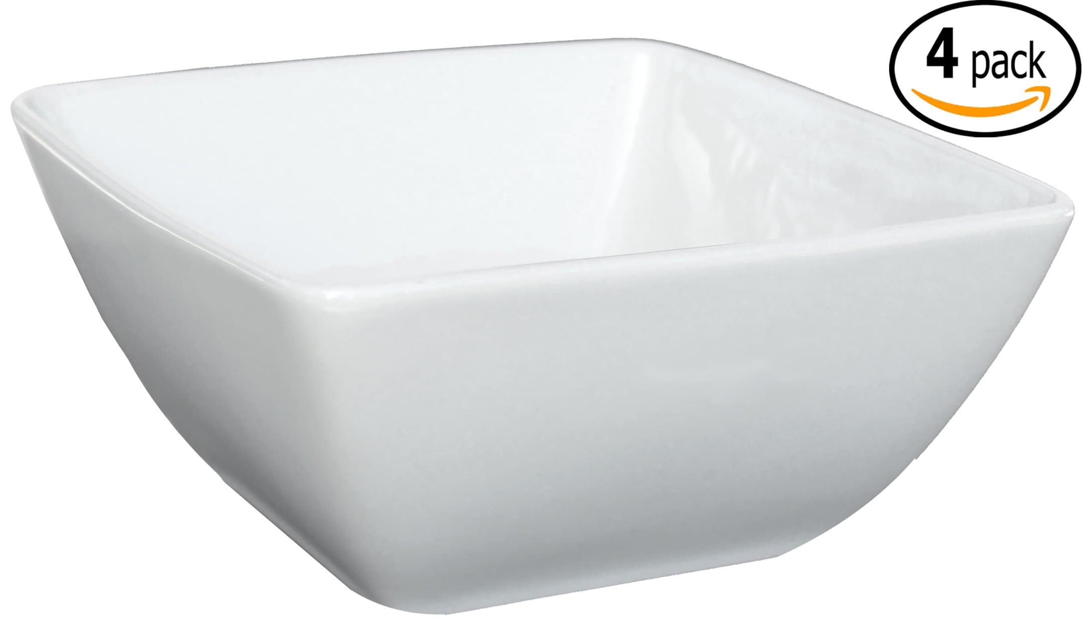 Cameo China Ceramic Square Bowls with Pan Scraper, White Ivory, (7.5 Inch / 60 Ounce, 4-Pack)