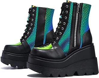 BORAMAX Platform Ankle Boots With Chunky Block Heels for Women Goth Boots Buckle Strap Wedge Motorcycle Platform Chelsea Boot
