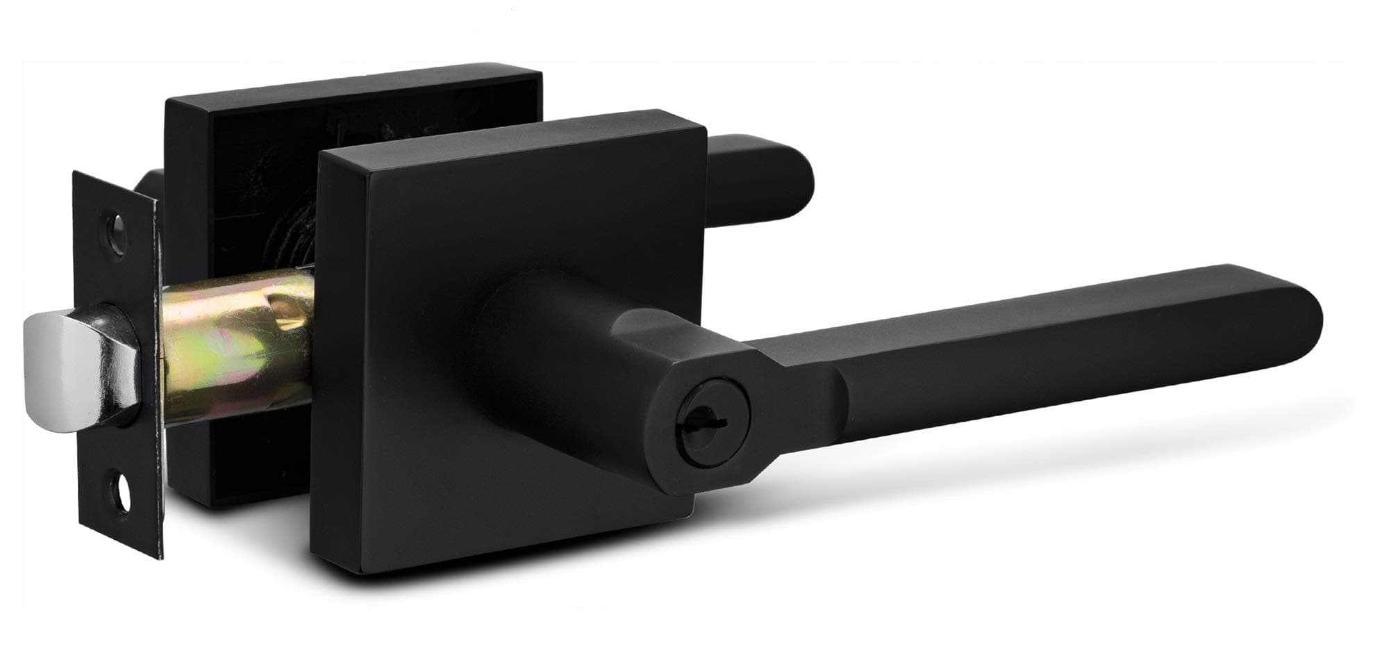 Entry Lever Door Handle Lock and Key Slim Square Locking Lever Set [for Front Door or Office] Reversible for Right & Left Sided Doors Heavy Duty – Iron Black Finish