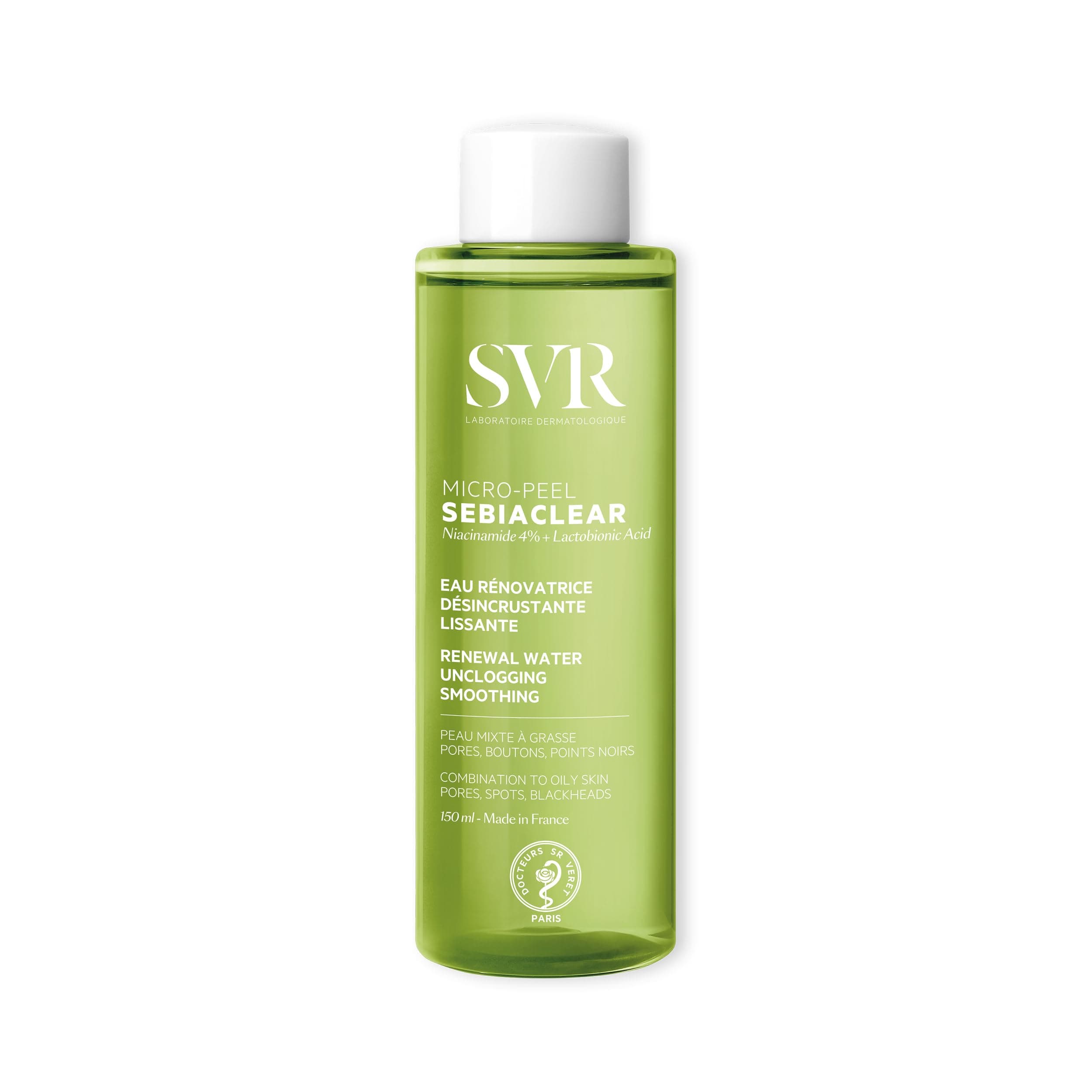 SVR SEBIACLEAR Micro-Peel Exfoliating Unclogging Essence - Acne-Prone, Oily, Combination Skin. 2% Lactobionic, 0,5% Salycilic Acid, 4% Niacinamide to Target Breakouts + Blemishes, 150ml