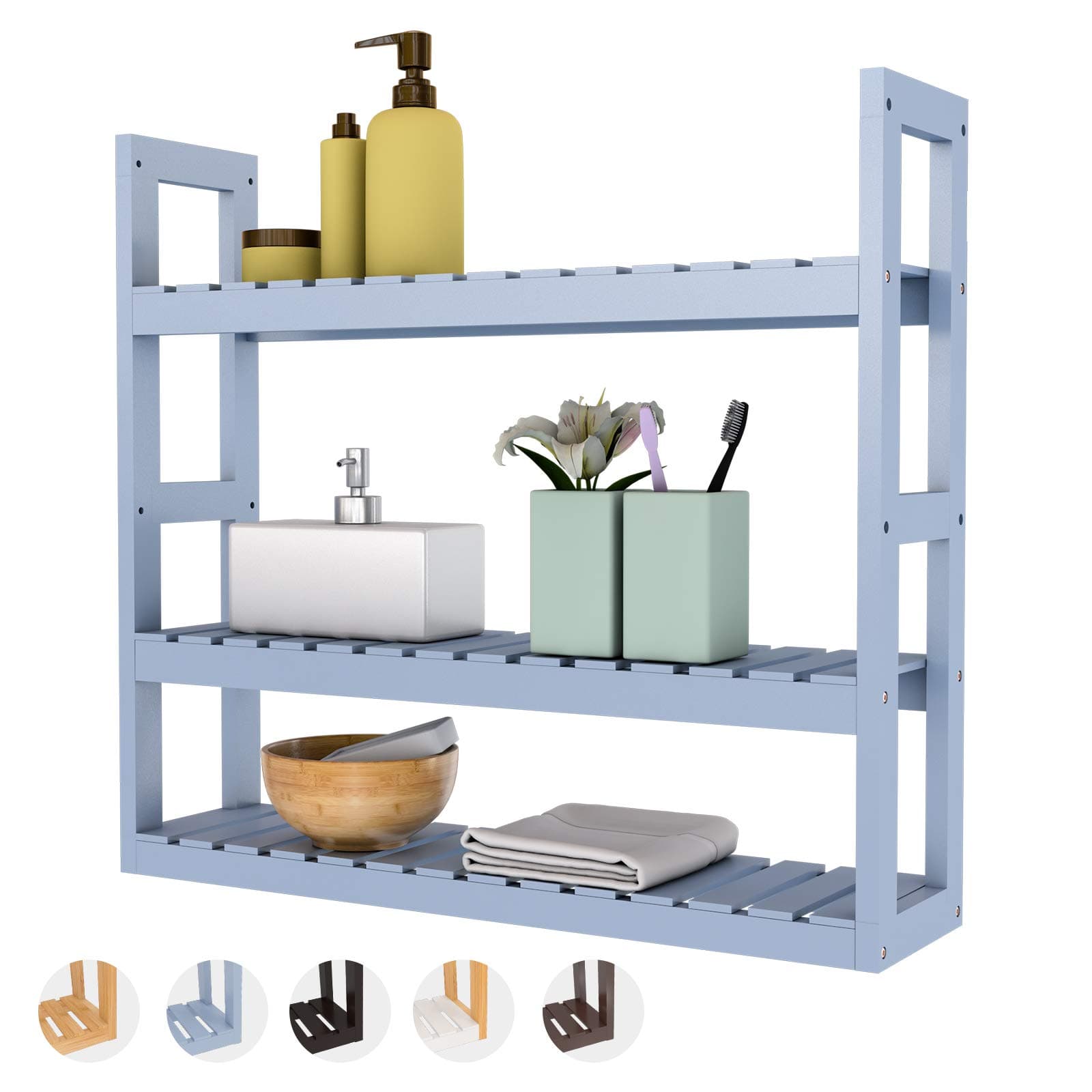 Domax Bamboo Bathroom Shelf 3-Tier Wall Mount Storage Rack Multifunctional Adjustable Layer Free Standing Over Toilet Utility Shelves Living Room Kitchen (Gray)