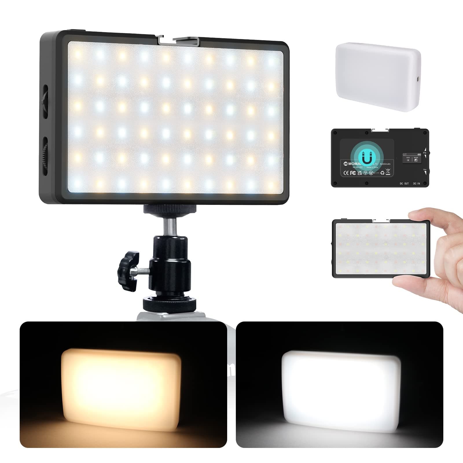 MomanOn Camera Video Light for DSLR 4.5 Inch 96 LED Panel CRI 96 Megnetic Bi-Color 3000K-6500K Brightness Dimmable OLED Display Aluminum (Black)