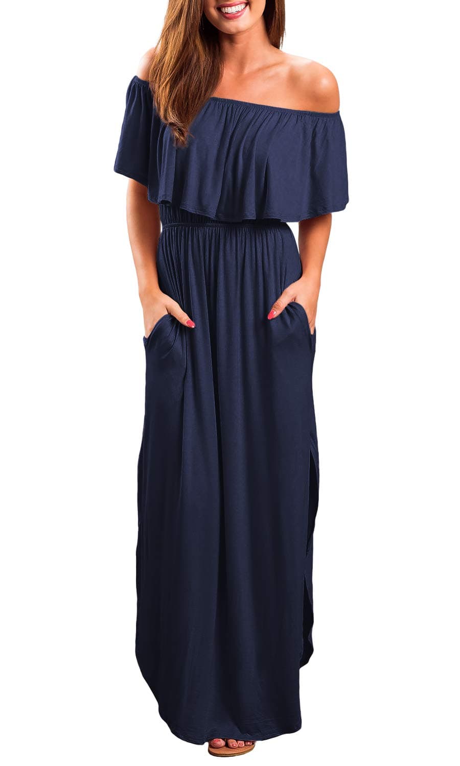 OYANUS Womens Off The Shoulder Ruffles Pockets Dress Side Split Maxi Dresses Navy S