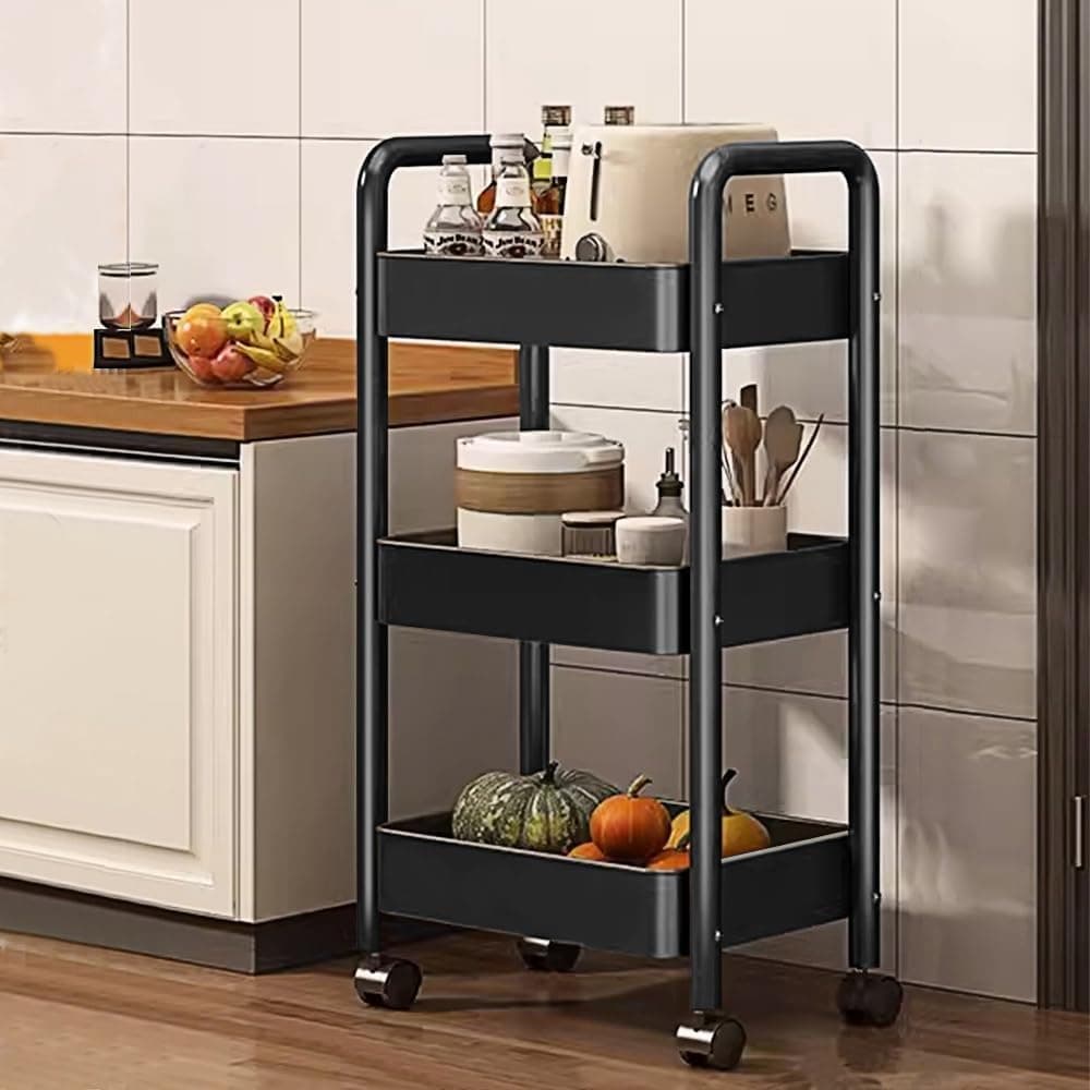 KT-B3 Kitchen Storage Rack, Steel Kitchen Trolley with Wheels, Hooks and 3-Layer Baskets, Vegetable Stand for Kitchen Organizer, Onion Potato Rack for Kitchen-10kg Loading Per Layer | Black