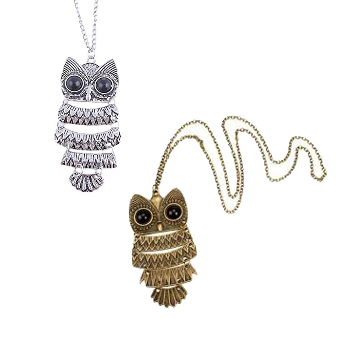 Chooz Designer Studio Retro Silver and Copper Enamel Big Eye Owl Vintage Pendant Chained Necklace -Pack of 2 for Women