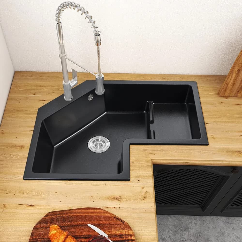 Lovedima Black Drop In Corner Kitchen Sink, 32" Single Bowl Quartz Irregular Sink Undermount Kitchen Sinks