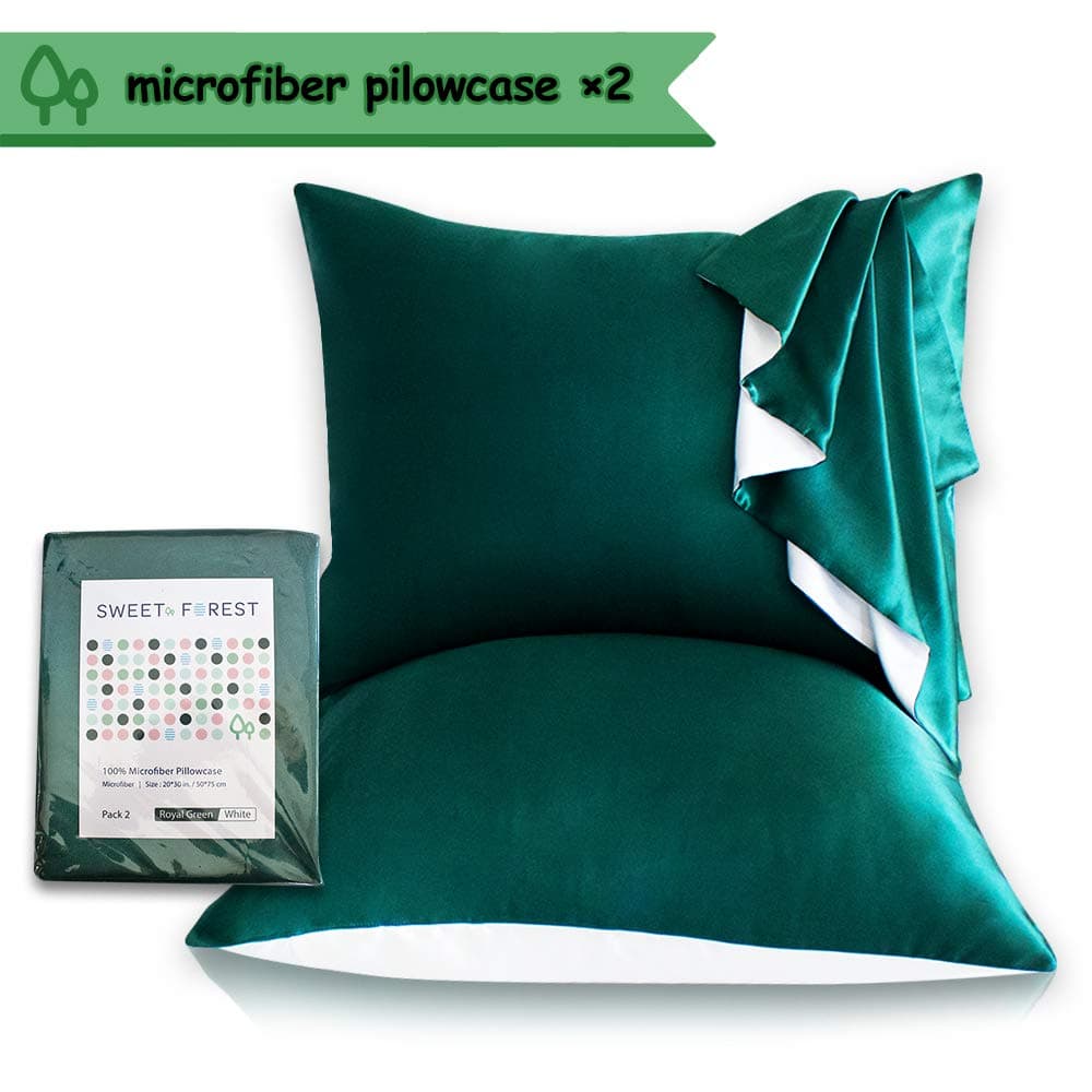 Sweet Forest Silky Satin Pillowcase,2 Pack Silk Feeling Pillow Cover— Standard Size (50 x 75 cm)for Hair and Skin with Envelope Closure—Royal Green