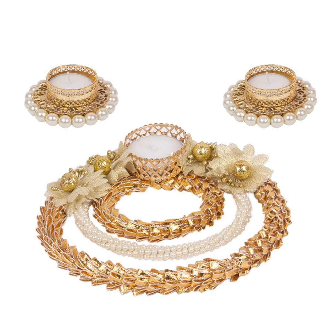 ACCESSHER Metal Diwali Decor 2 Tea Lights and 1 Centrepiece Tealight Candle Holder