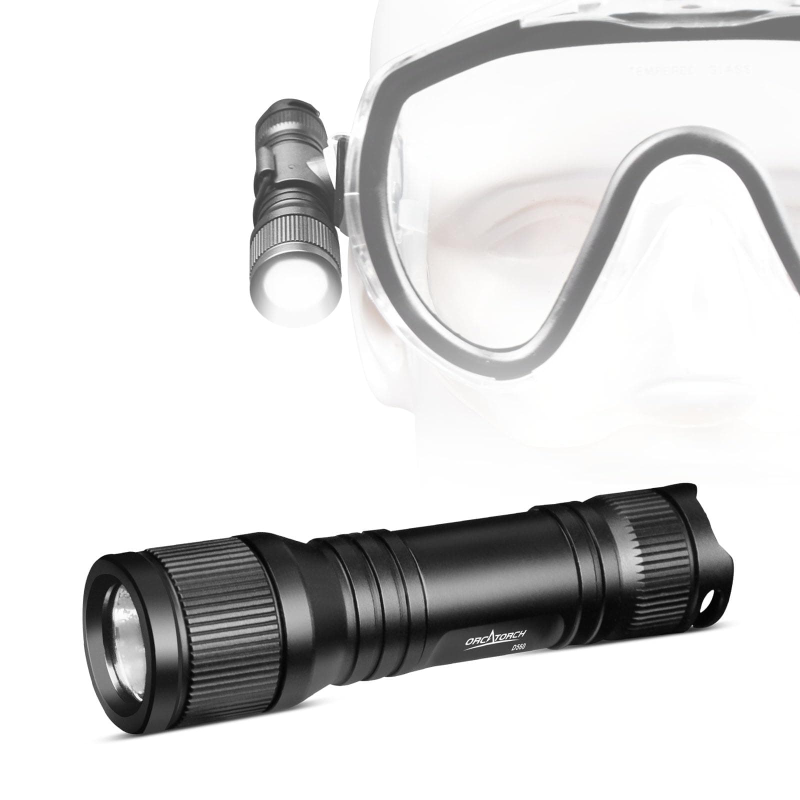 - ORCATORCH D560 Mini Scuba Dive Light Headlamp 650 Lumen Mask Diving Flashlight with 360° Rotatable Mask Clip, Underwater 150m Backup Headlight with Rotary Switch (Not Included Snorkel Mask) (Black)