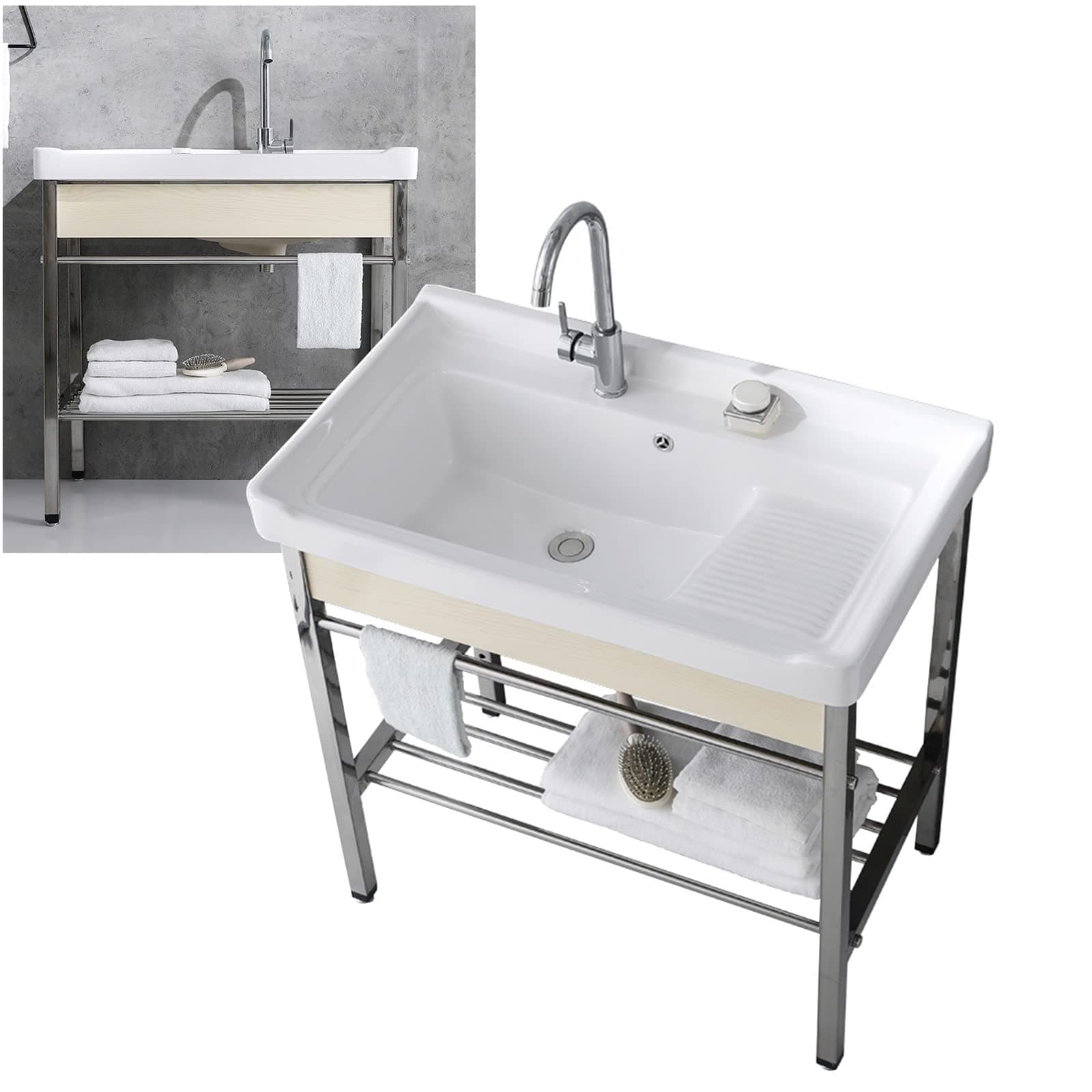 Home Kitchen Laundry Room Ceramic Freestanding Sink - Modern Single Bathroom Vanity Set With Stainless Steel Shelf and Hot Cold Water Faucet for Farmhouse