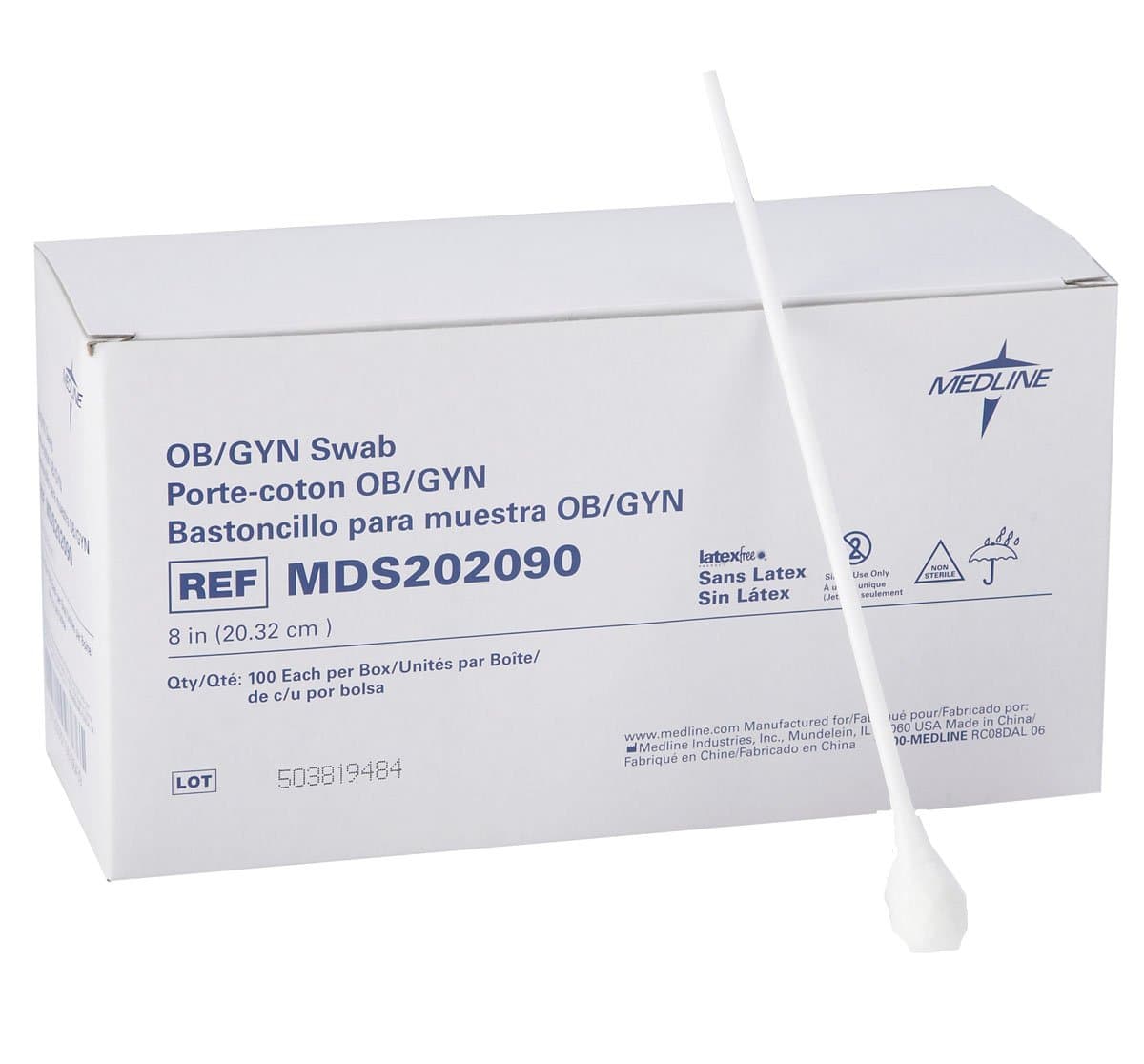 Medline OB/GYN Non-Sterile Swabs with Rayon Tip, Plastic Shaft, 8", Ideal for Medical Examinations, Box of 100