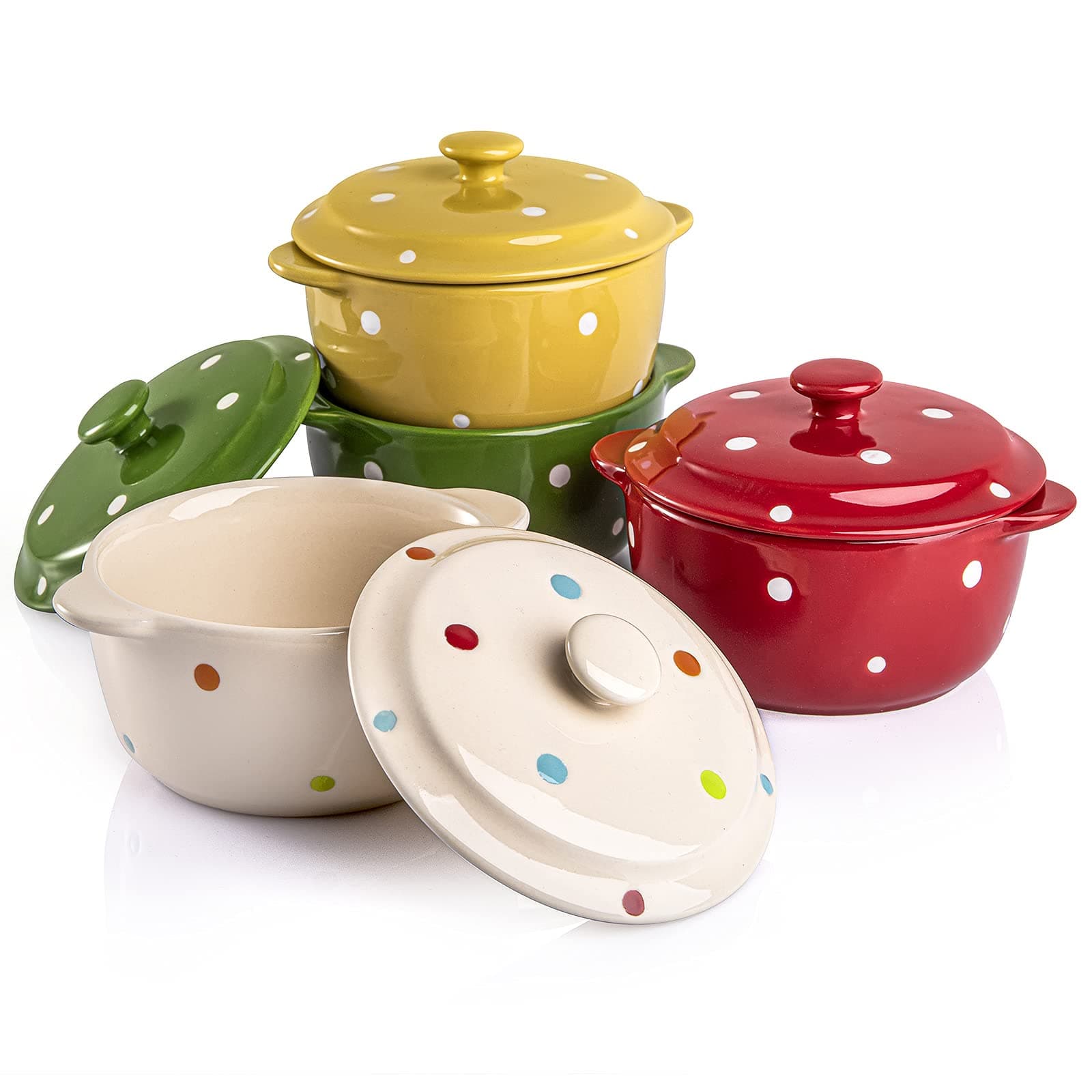 AVLA 4 Pack Porcelain Ramekins with Lid and Handle, 9 OZ, Ceramic Souffle Soup Creme Brulee Bowls, Oven Safe, Mini Casserole Dish (Polka Dot, Assorted Color)