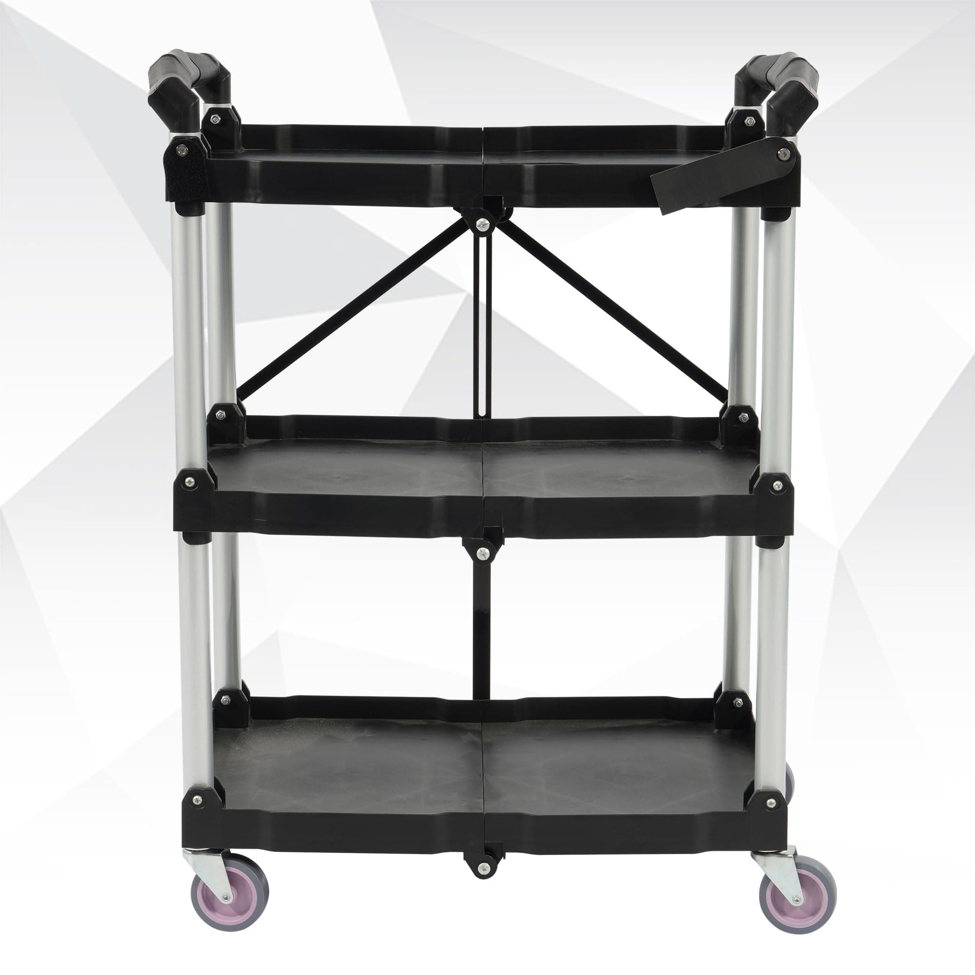 ELEVON Portable Folding Collapsible Service Cart Foldable Service Cart 3 Tier Collapsible Push Cart Folding Utility Carts with Wheels for Office Warehouse Home, Black