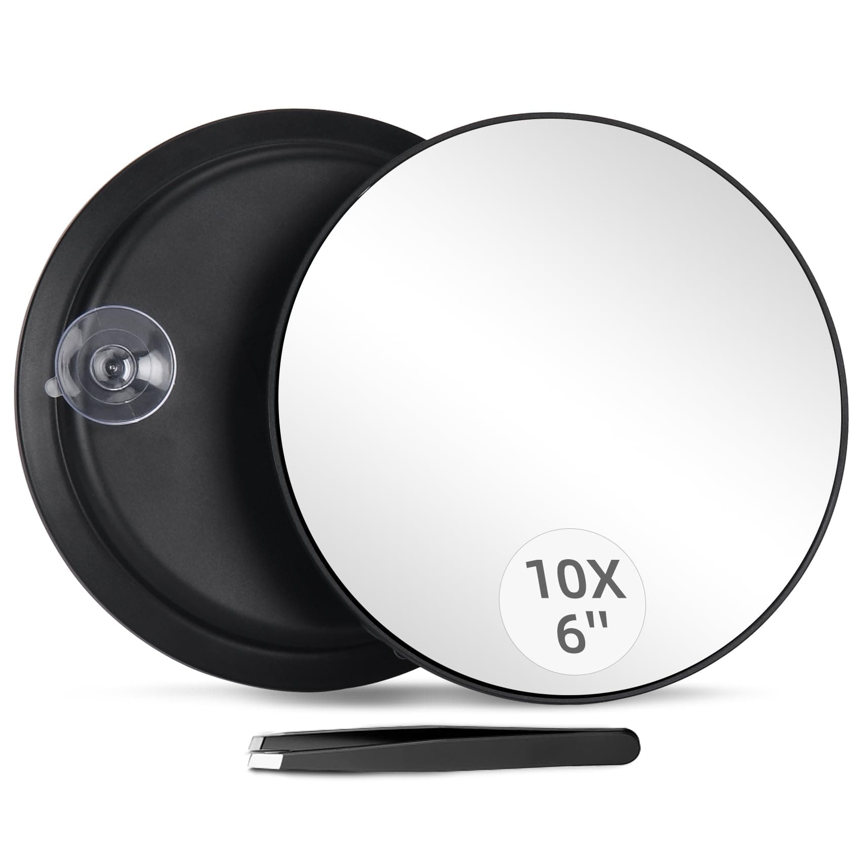 10X Magnifying Mirror with 3 Suction Cups - 6'' Stick on Makeup Mirror with 10X Magnification, Magnified Makeup Mirror Portable Handheld Cosmetic Mirror and Tweezers Set for Travel, Makeup, Bathroom