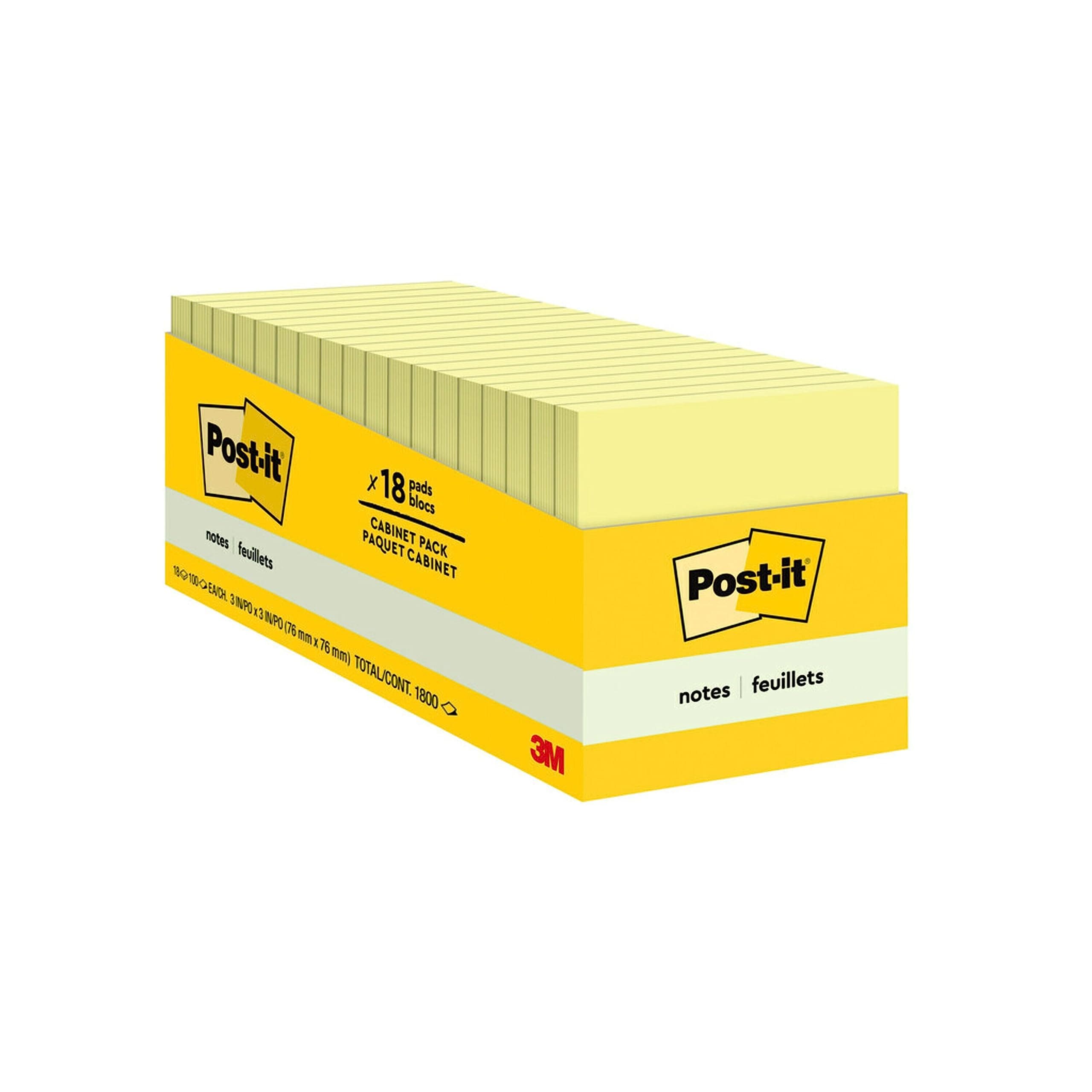 Post-itNotes 3x3 in, 18 Pads, America's’s #1 Favorite Sticky Notes, Canary Yellow, Clean Removal, Recyclable (654-18CP)