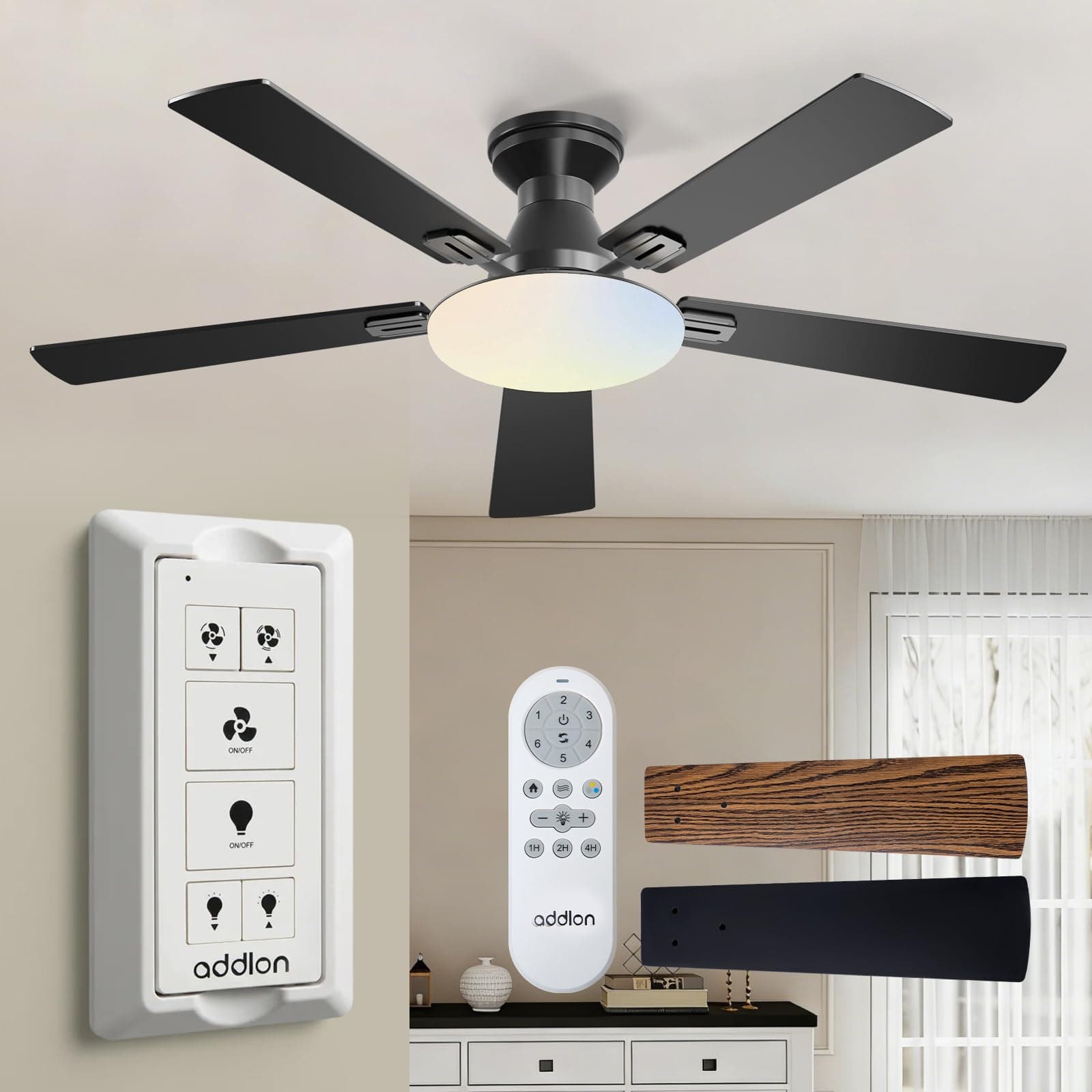 addlon Ceiling Fans with Lights, 52 inch Flush Mount Ceiling fan with Remote Control, Wall Remote, Reversible, 3CCT, Dimmable, Noiseless DC Motor, Black Low Profile Ceiling Fan for Bedroom, Farmhouse
