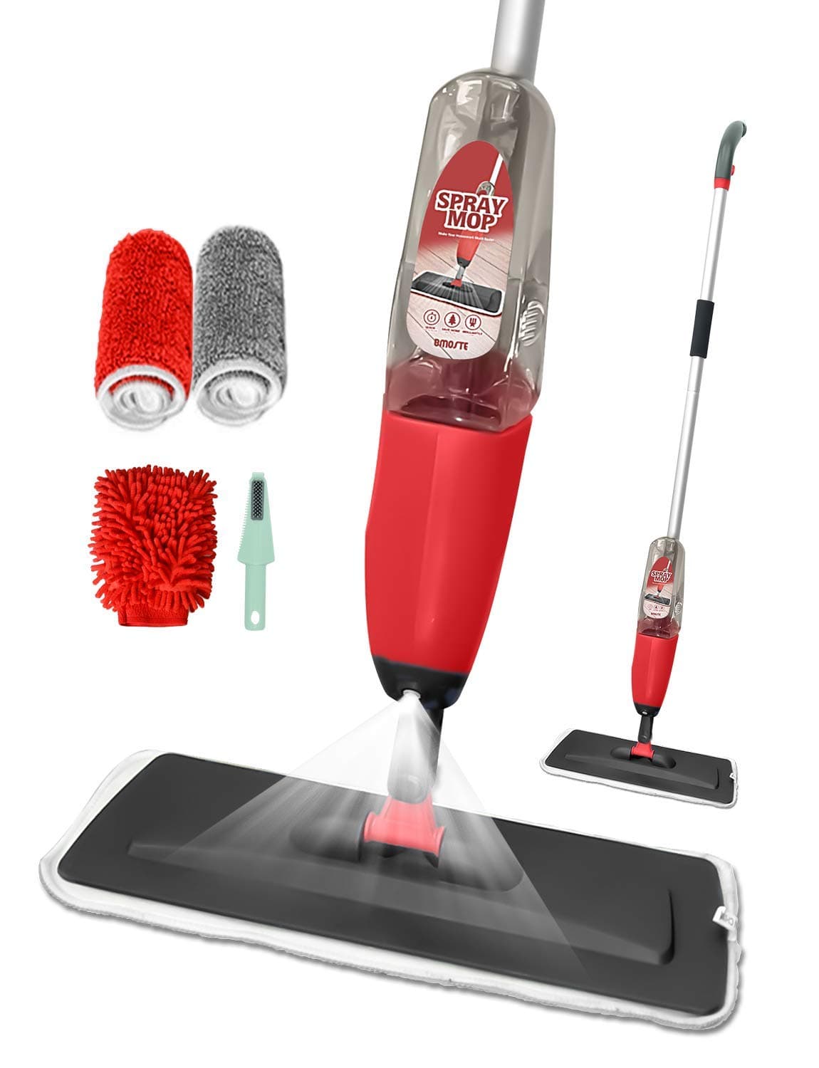 Floor Spray Mop, BMOSTE Microfibre Water Spraying Floor Cleaning Tool with 2 Microfibre Refill Pad &Windows Cleaner Gloves & 600Ml Refillable Bottle.