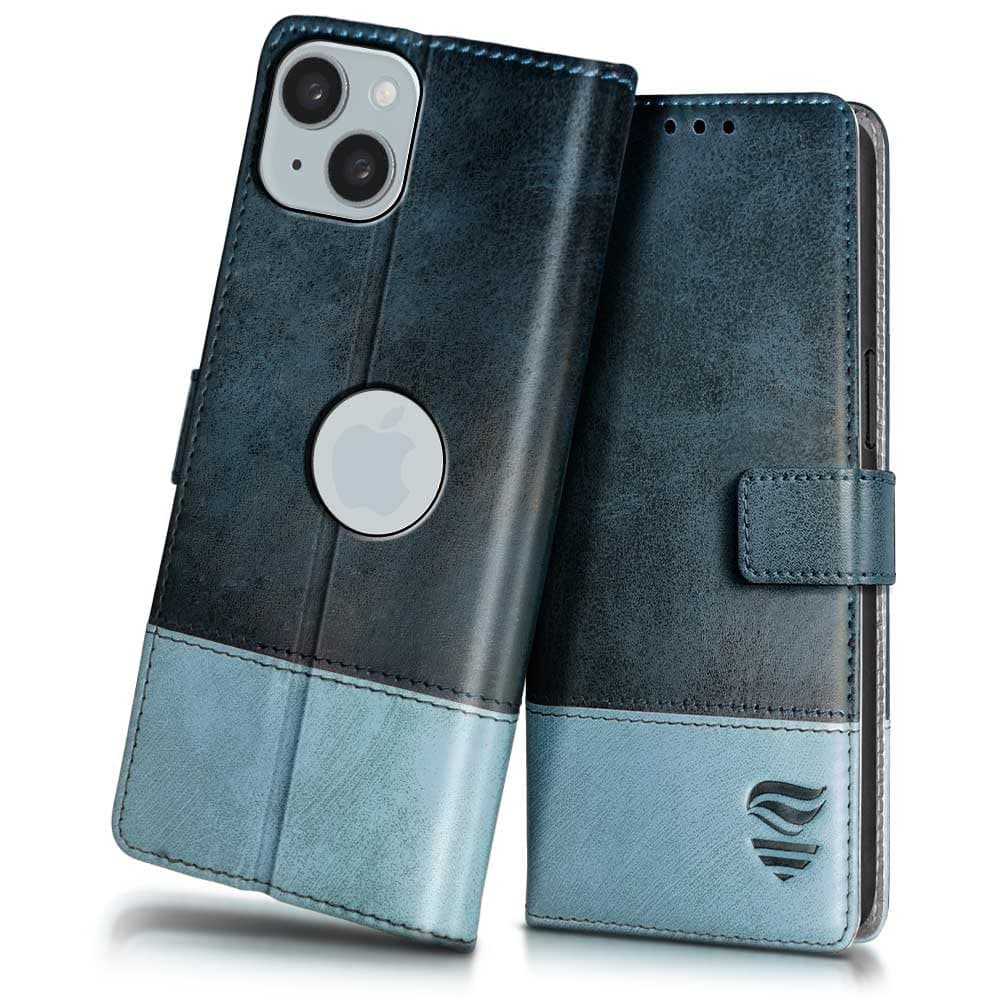 FLIPPED Vegan Leather Flip Case Back Cover for Apple iPhone 15 Plus (Flexible, Shock Proof | Hand Stitched Leather Finish | Card Pockets Wallet & Stand | Blue with Aquamarine)