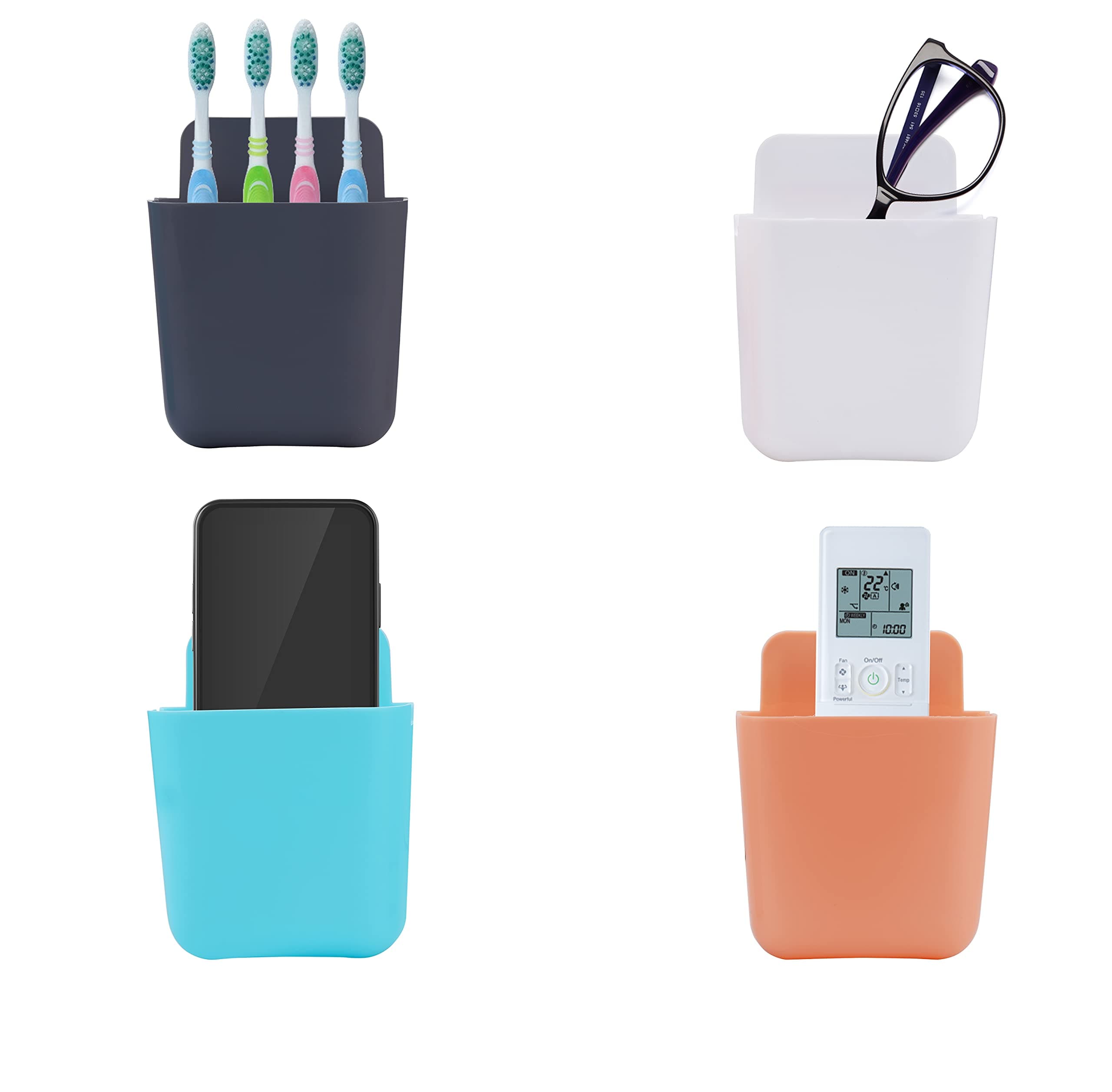Primelife 4 Pieces Adhesive Remote Control Holder, Wall Mount Media Storage Box, Sticky Organizer for Phone/Remote Control, Office Home School Use - Multicolor (Phone Holder)(4)
