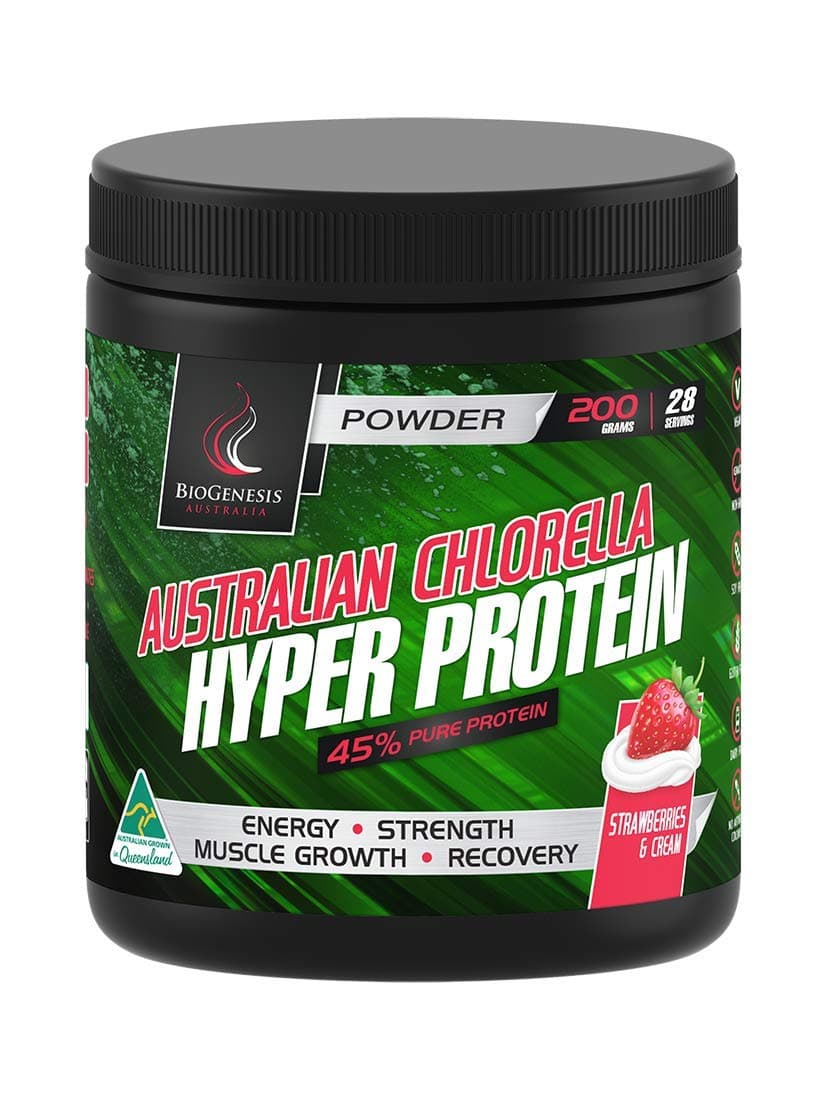 Biogenesis Australia Chlorella Hyper Protein Powder 100% Natural, Plant Based Protein, Vegan Friendly, BCAA, Superfood, High Protein, Chlorella Growth Factor (Strawberries & Cream)