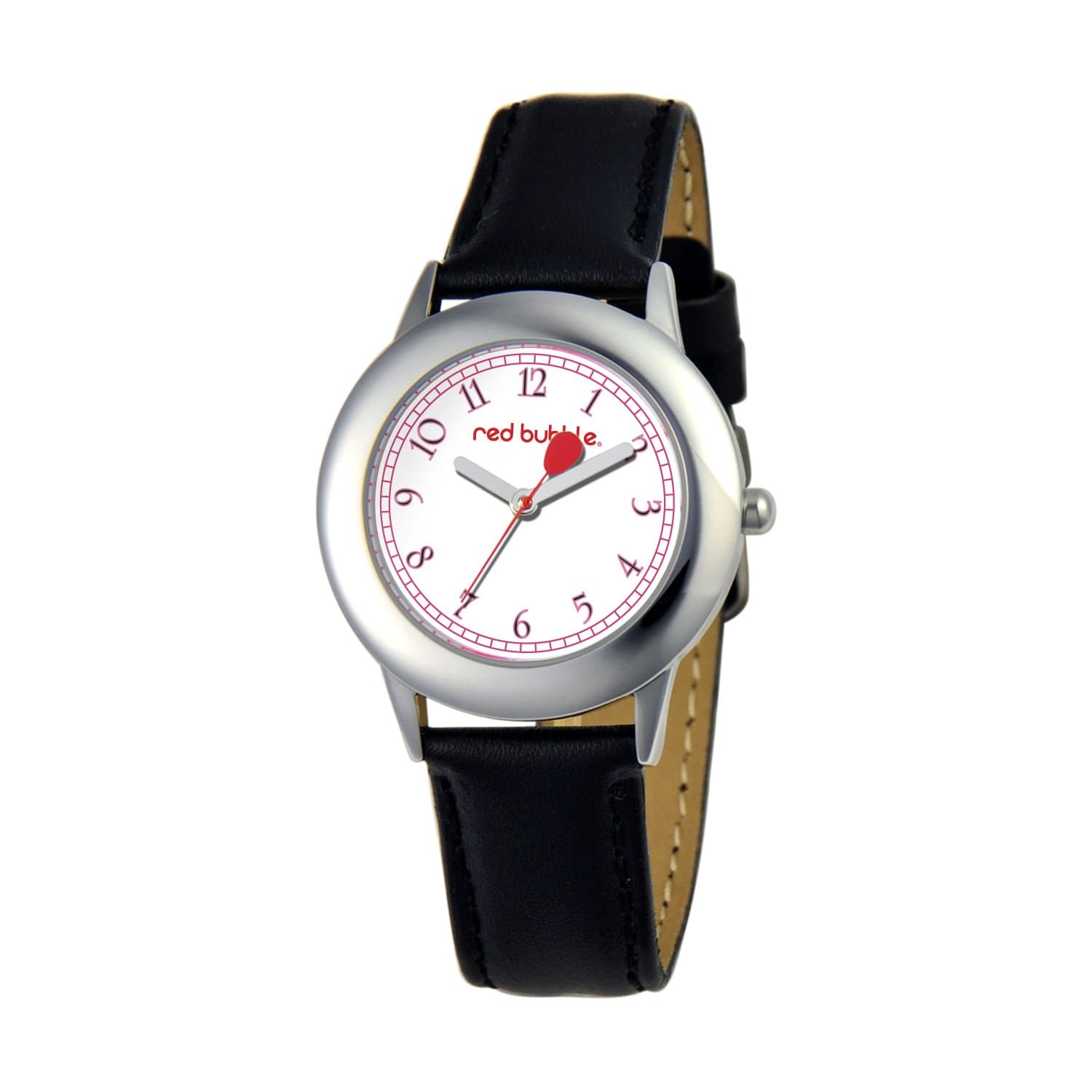 Red Bubble Watch W002096 Boy's Teaching Quartz Black Leather Strap and White Dial