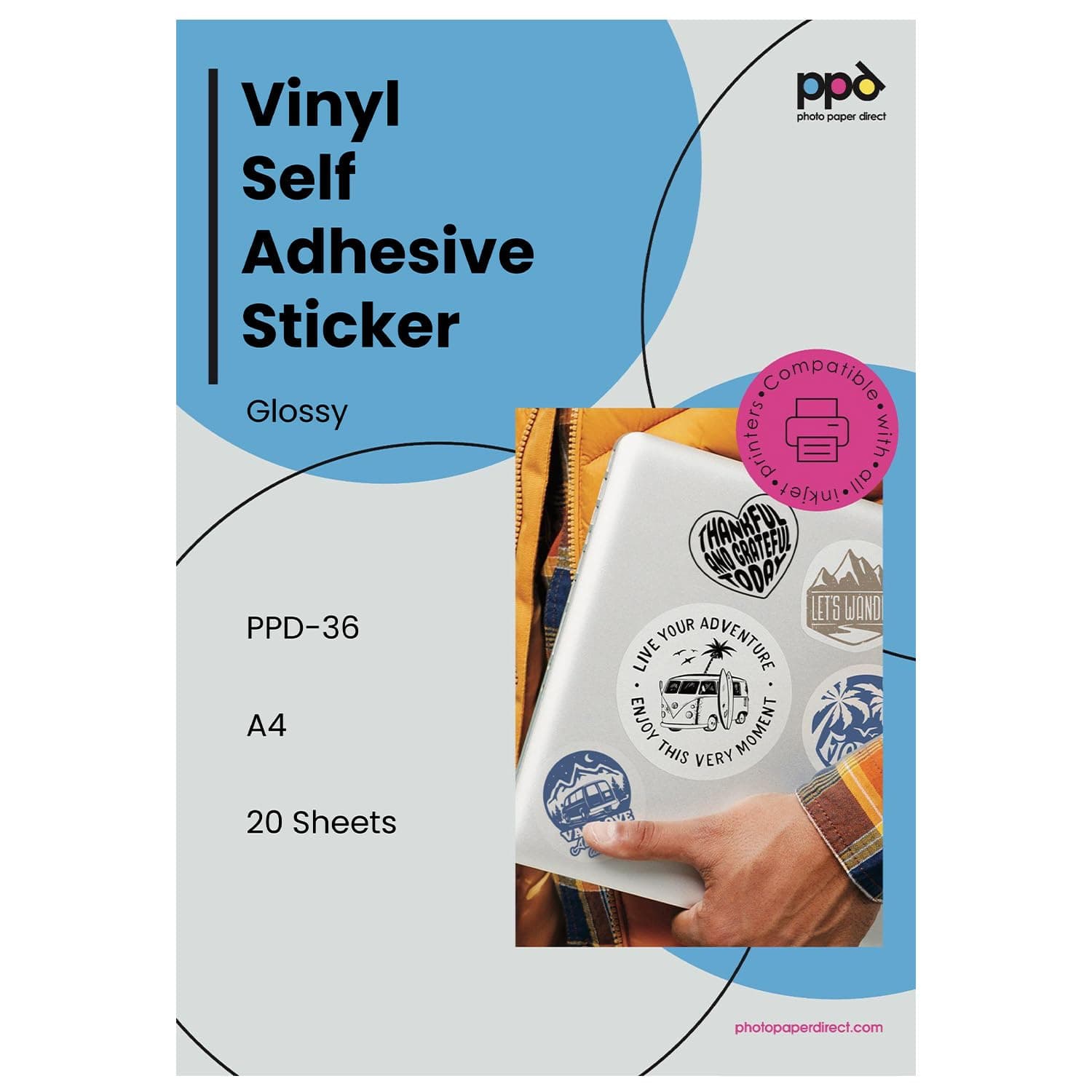 20 Sheets A4 Inkjet Printable Glossy Self Adhesive Vinyl Sticker Paper Waterproof True Photographic Quality Full Sheet Instant Dry Scratch and Tear Resistant PPD-36-20