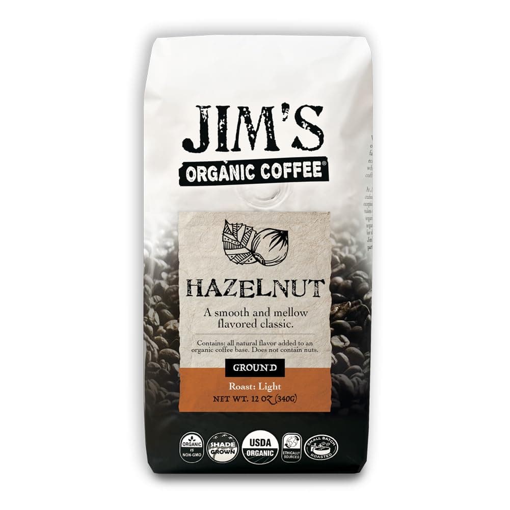 Jims Organic Coffee Coffee Hazelnut Ground 12 Oz