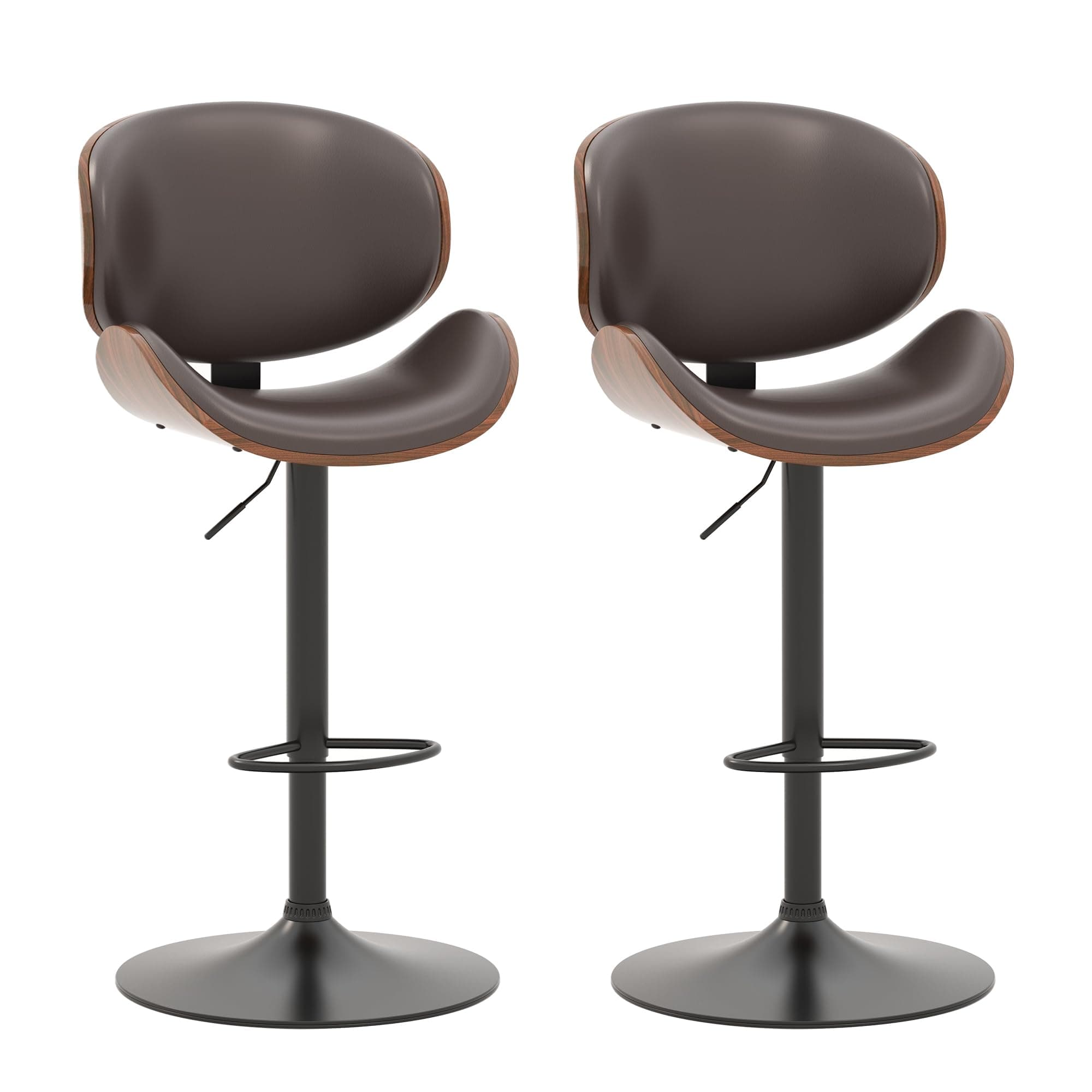 KCC Bar Stools Set of 2, Swivel Adjustable Height Barstools, PU Leather Upholstered Bar Chairs with Footrest, Bentwood Bar Stool for Kitchen, Bar, Dining Room(Brown PU)